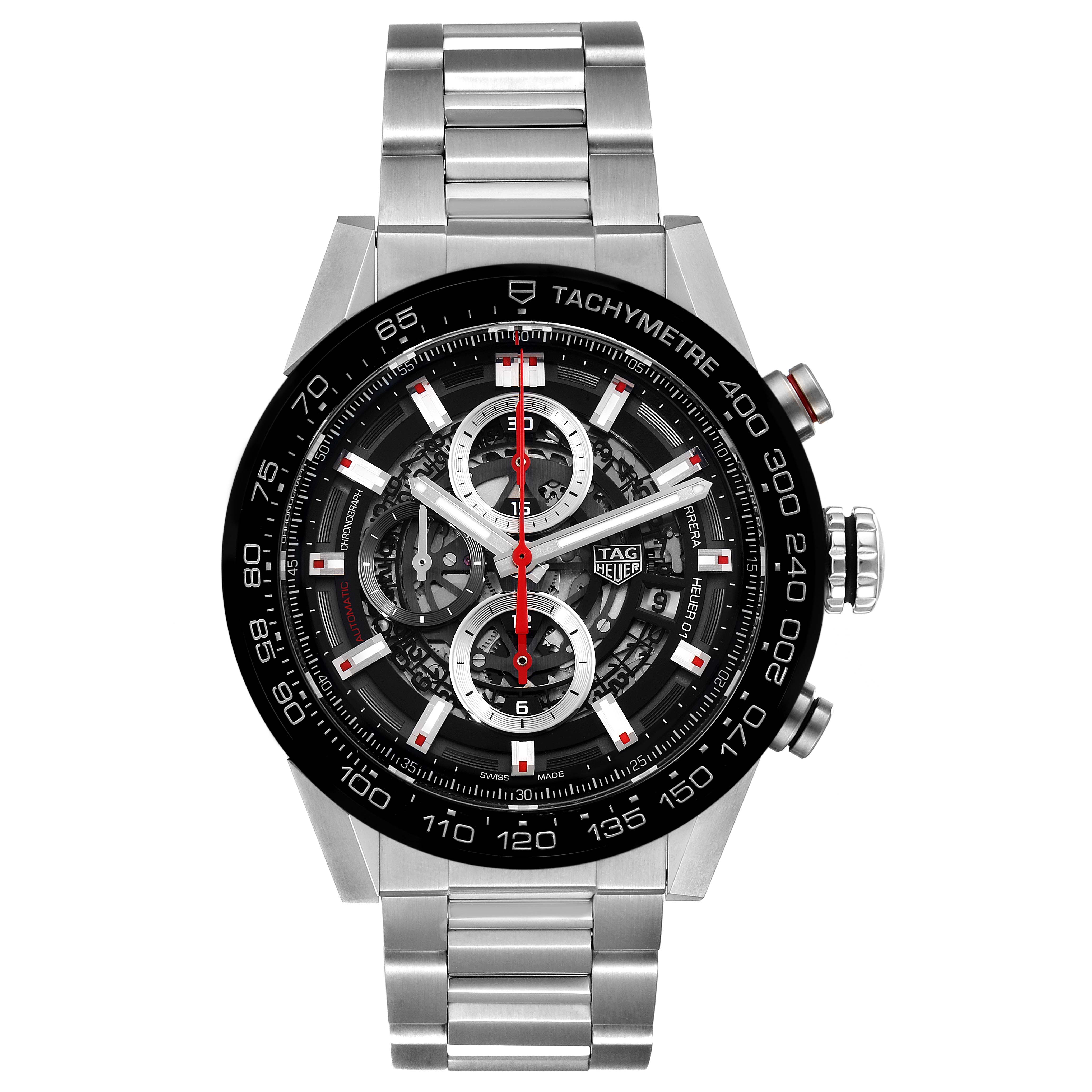 This image shows a frontal view of the Tag Heuer Carrera CAR201V.BA0714 Men
s Stainless Steel Black Dial CAR201V.BA0714 Men
s Stainless Steel Black Dial watch, highlighting its face, tachymeter bezel, and metal bracelet.