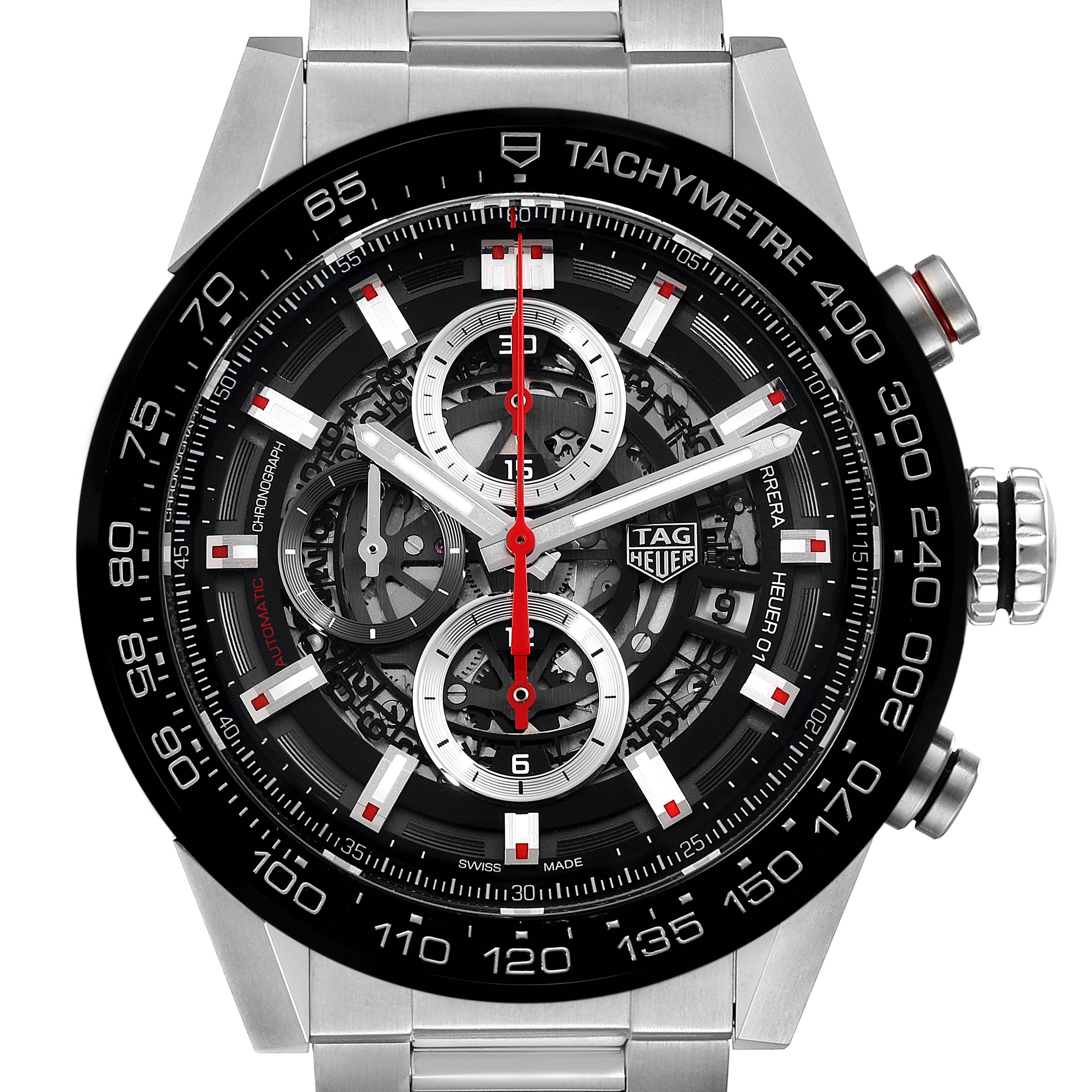 This is a front view of the Tag Heuer Carrera CAR201V.BA0714 Men
s Stainless Steel Black Dial CAR201V.BA0714 Men
s Stainless Steel Black Dial watch, showcasing the face, bezel, dial, chronograph sub-dials, and tachymeter.