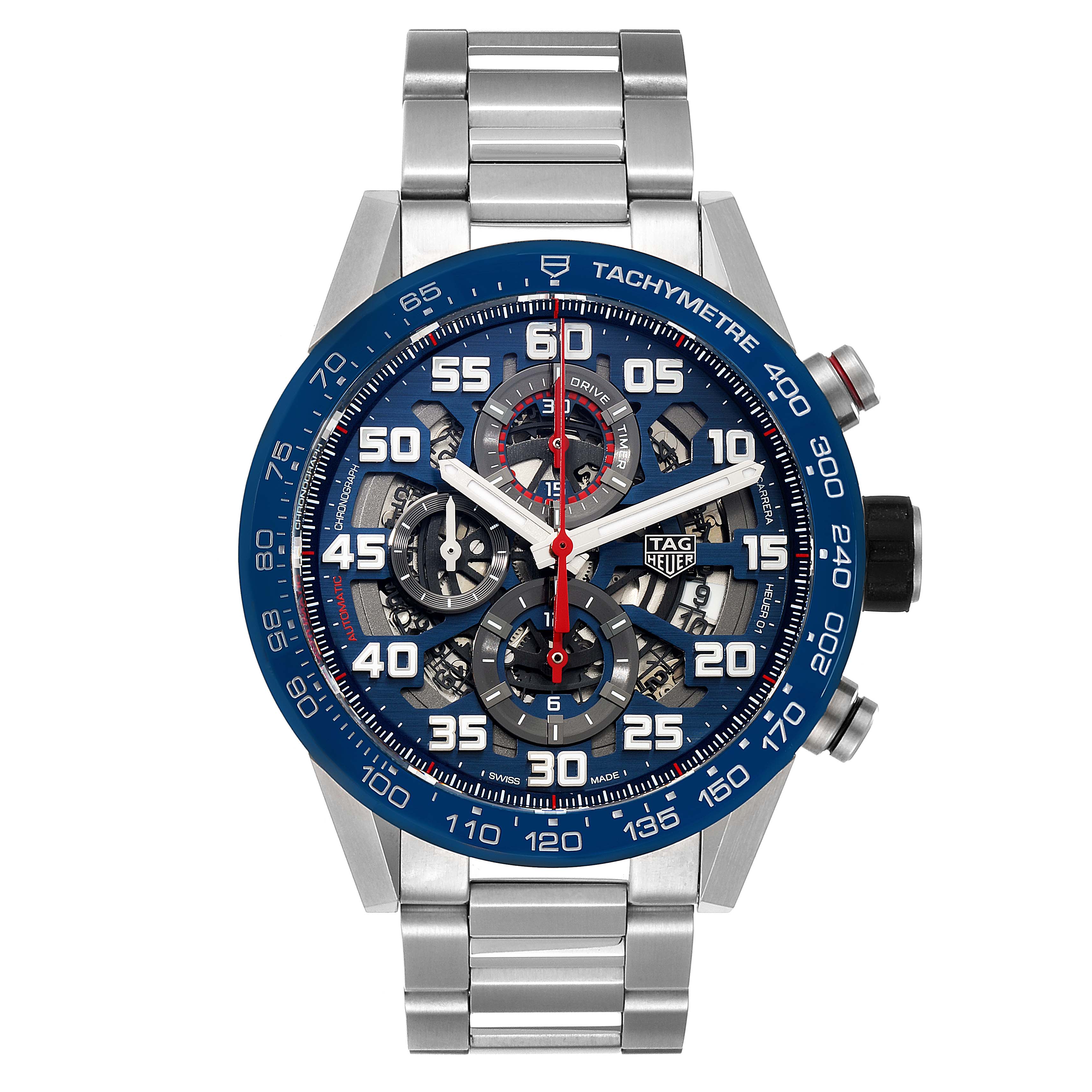 The image shows a front view of a Tag Heuer Carrera CAR2A1K.BA0703 Men
s Stainless Steel Blue Dial CAR2A1K.BA0703 Men
s Stainless Steel Blue Dial watch, displaying its blue dial, tachymeter bezel, and stainless steel bracelet.