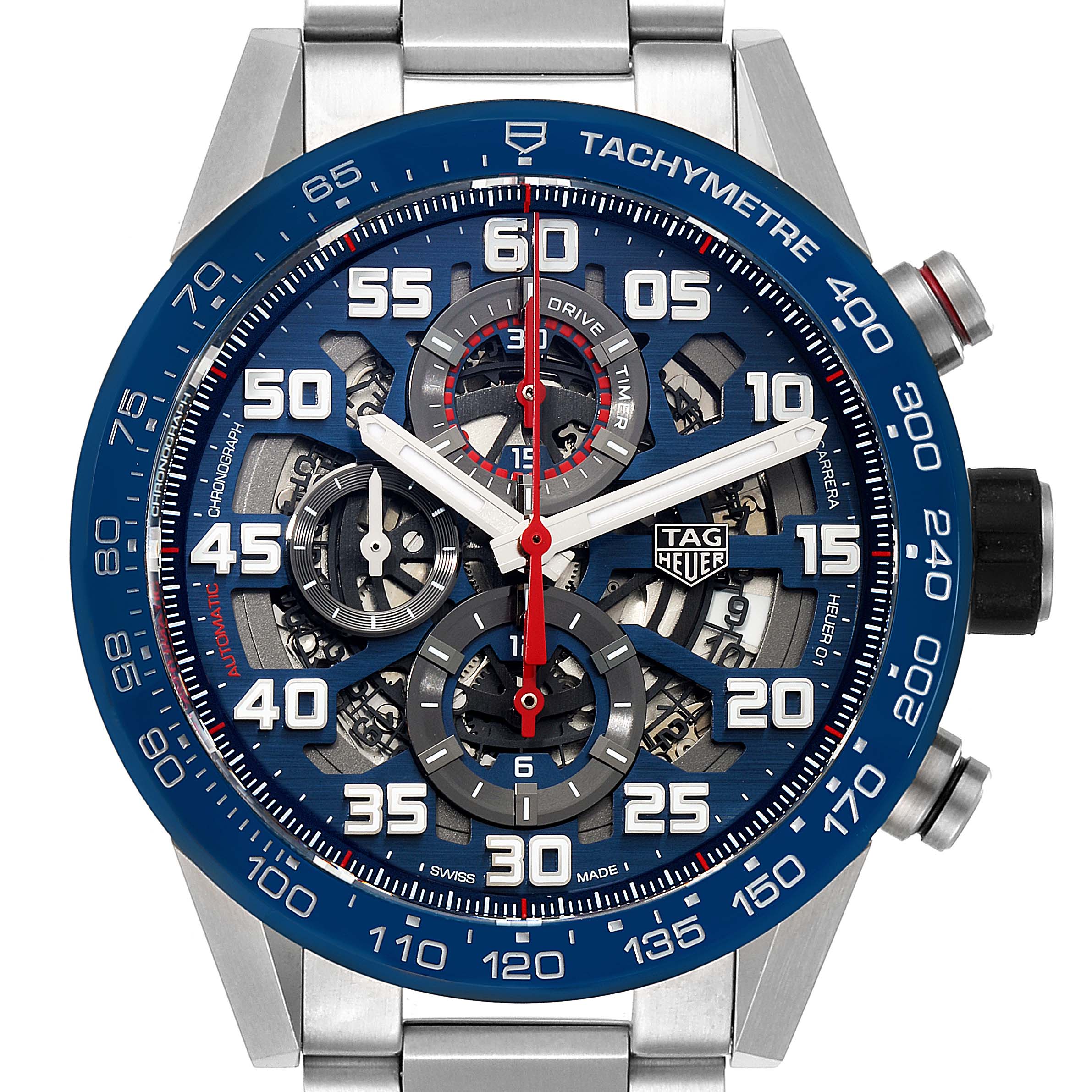 The image shows a front view of a Tag Heuer Carrera CAR2A1K.BA0703 Men
s Stainless Steel Blue Dial CAR2A1K.BA0703 Men
s Stainless Steel Blue Dial model watch, displaying the dial, tachymeter, and chronograph features.