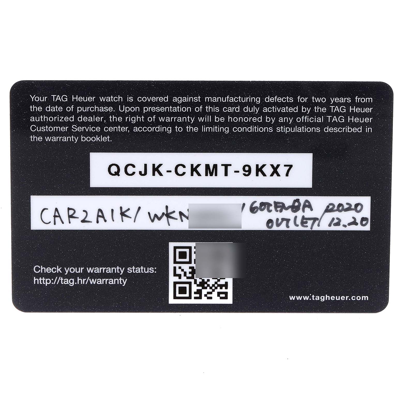 The image shows a warranty card for a Carrera model by Tag Heuer, displaying a serial number and QR code.