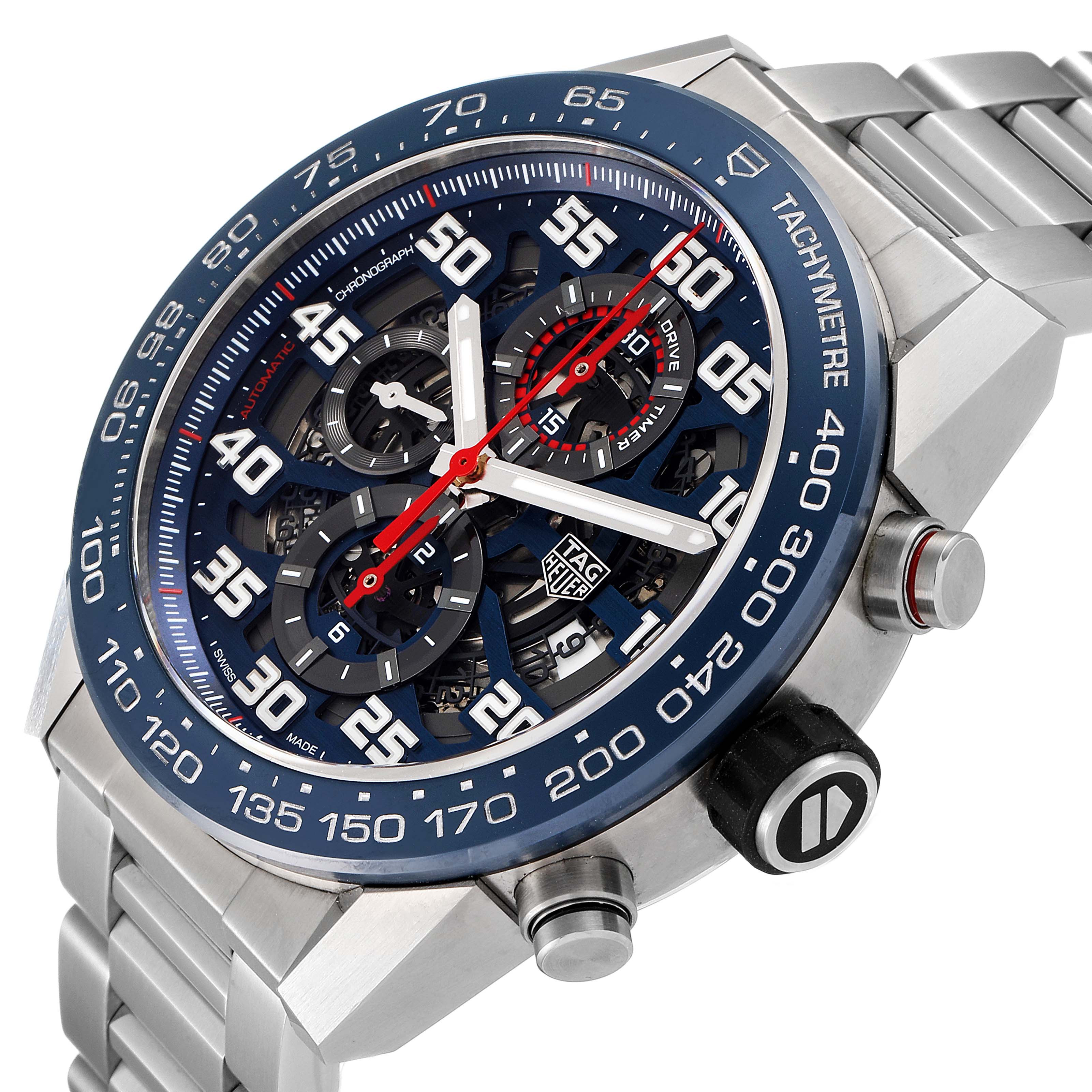 The image shows a Tag Heuer Carrera CAR2A1K.BA0703 Men
s Stainless Steel Blue Dial CAR2A1K.BA0703 Men
s Stainless Steel Blue Dial watch at an angle highlighting its dial, bezel, crown, and part of the bracelet.