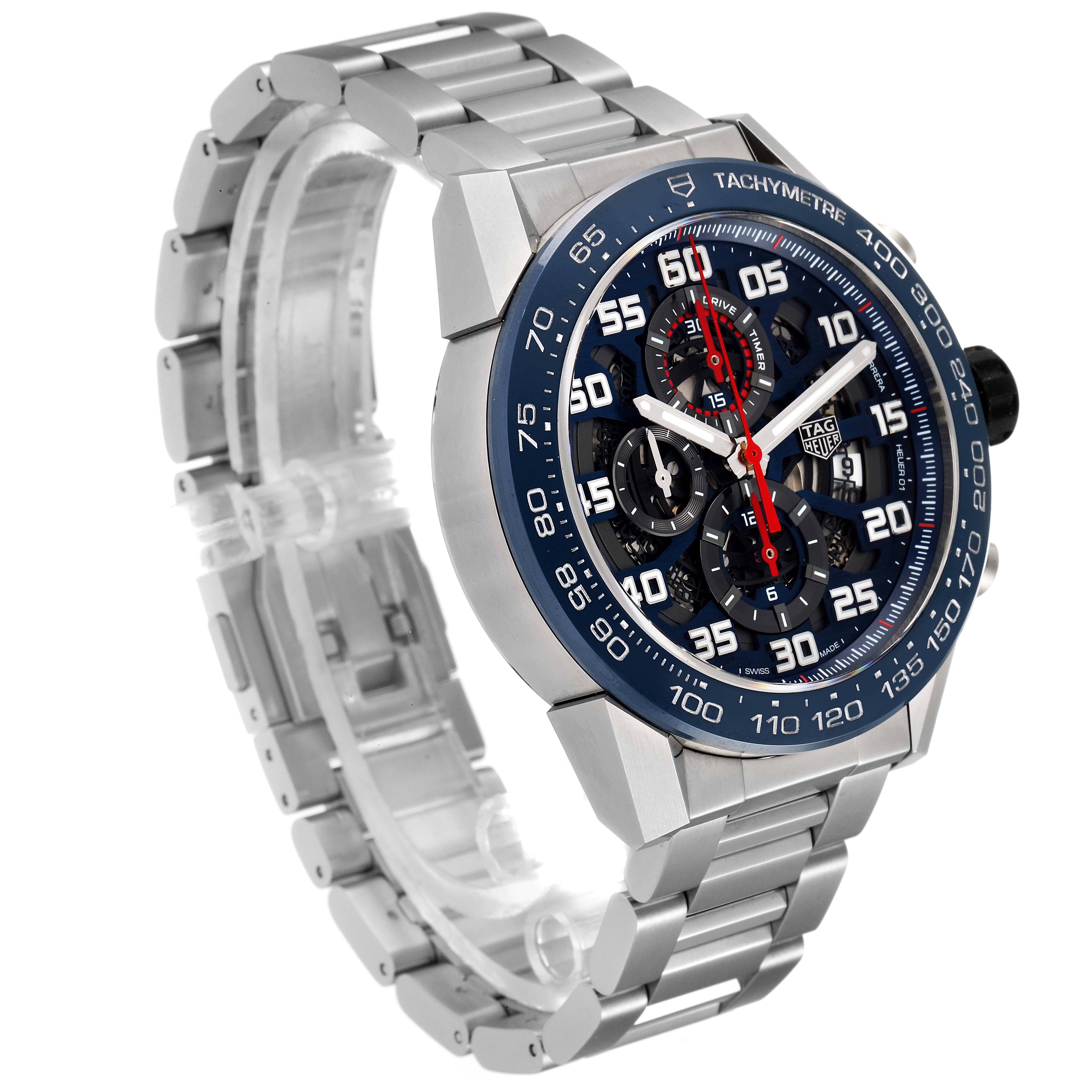 The image shows a side-angle view of the Tag Heuer Carrera CAR2A1K.BA0703 Men
s Stainless Steel Blue Dial CAR2A1K.BA0703 Men
s Stainless Steel Blue Dial watch, highlighting its face, bezel, and bracelet.