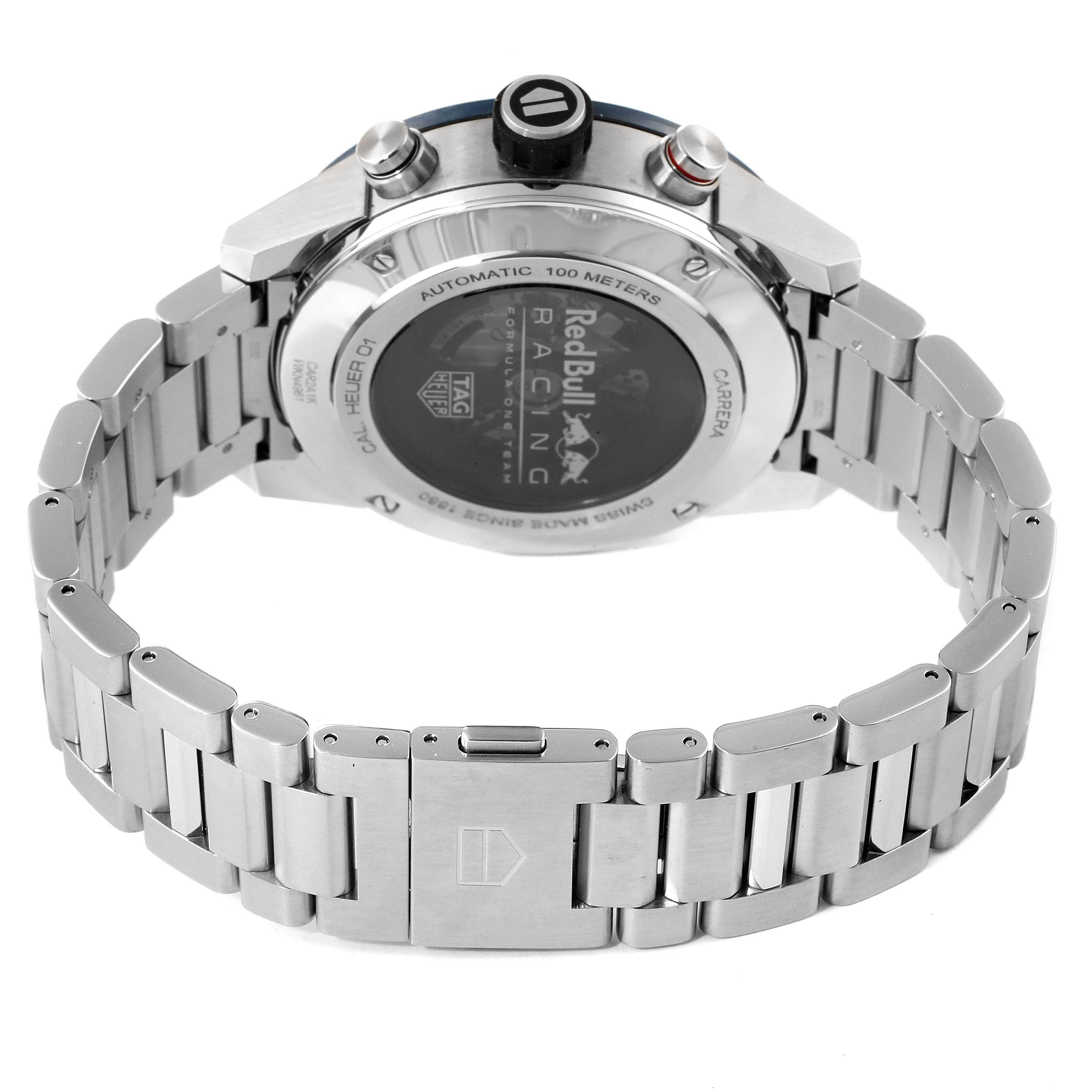 The image shows the back and side view of a Tag Heuer Carrera CAR2A1K.BA0703 Men
s Stainless Steel Blue Dial CAR2A1K.BA0703 Men
s Stainless Steel Blue Dial watch, highlighting the bracelet and case back.