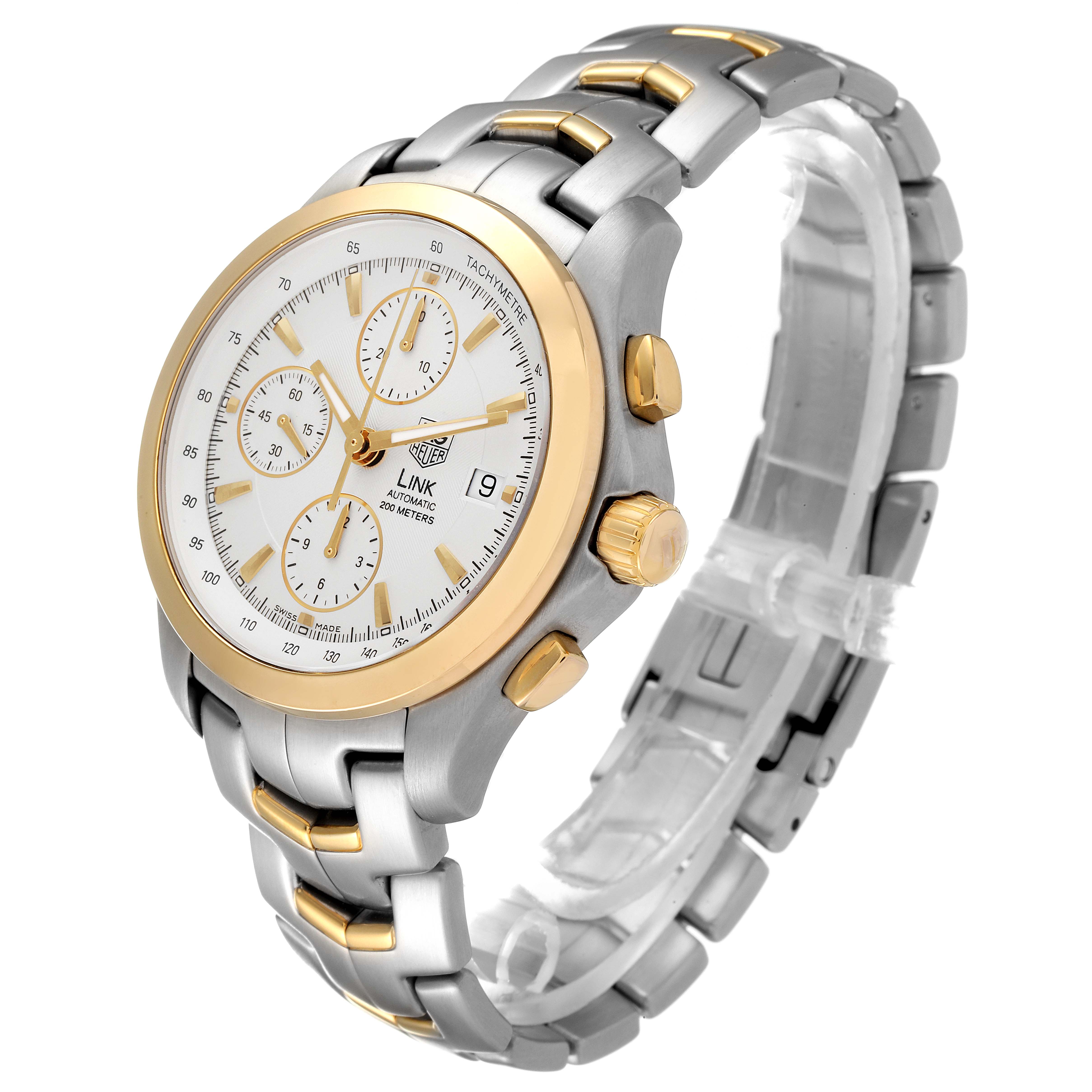 This Tag Heuer Link CJF2150.BB0595 Men's Steel and Gold (two tone) Silver Dial CJF2150.BB0595 Men's Steel and Gold (two tone) Silver Dial watch is shown at an angle that highlights the face, bezel, and bracelet.
