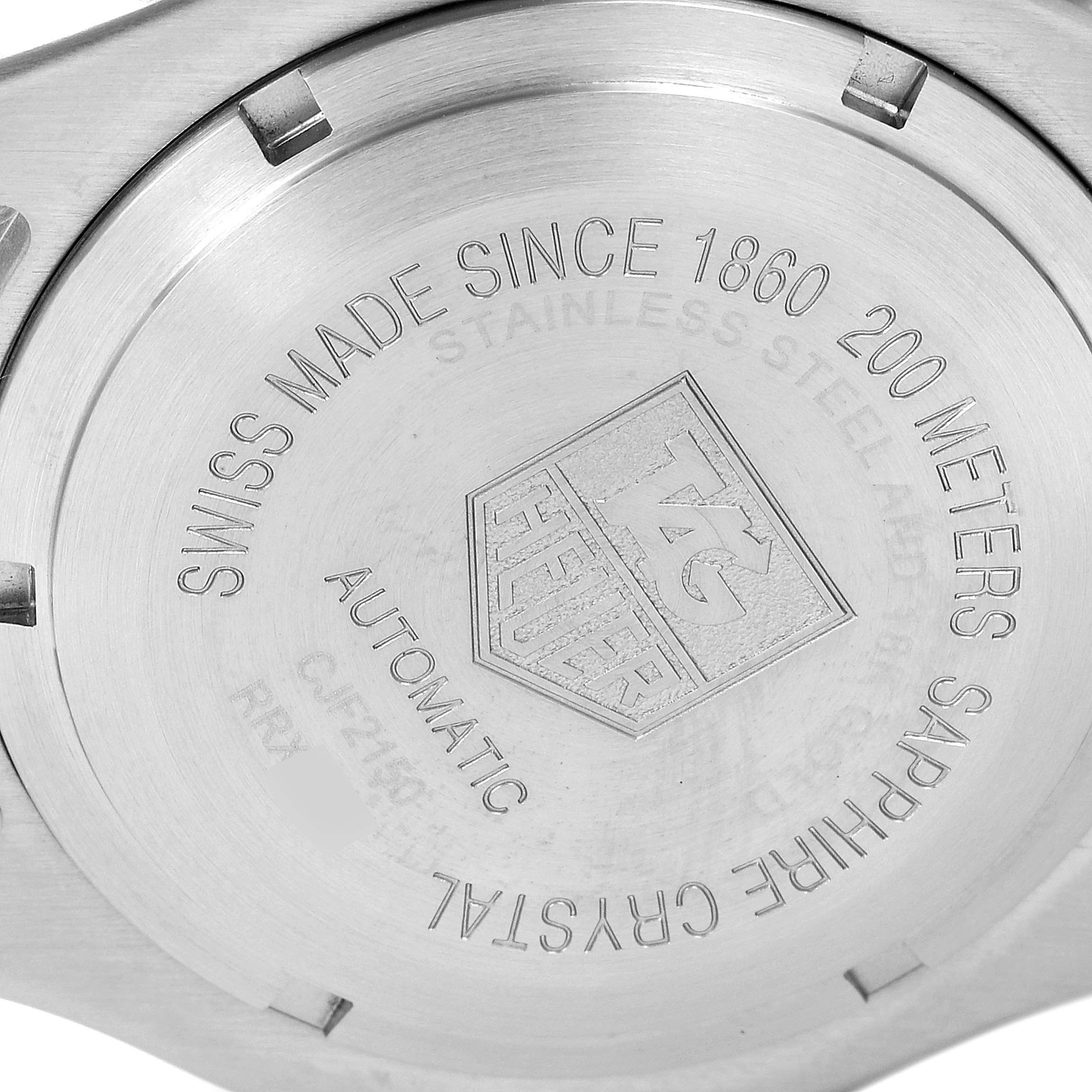 The image shows the back case of a Tag Heuer Link CJF2150.BB0595 Men's Steel and Gold (two tone) Silver Dial CJF2150.BB0595 Men's Steel and Gold (two tone) Silver Dial model watch, including engravings with information about the watch.