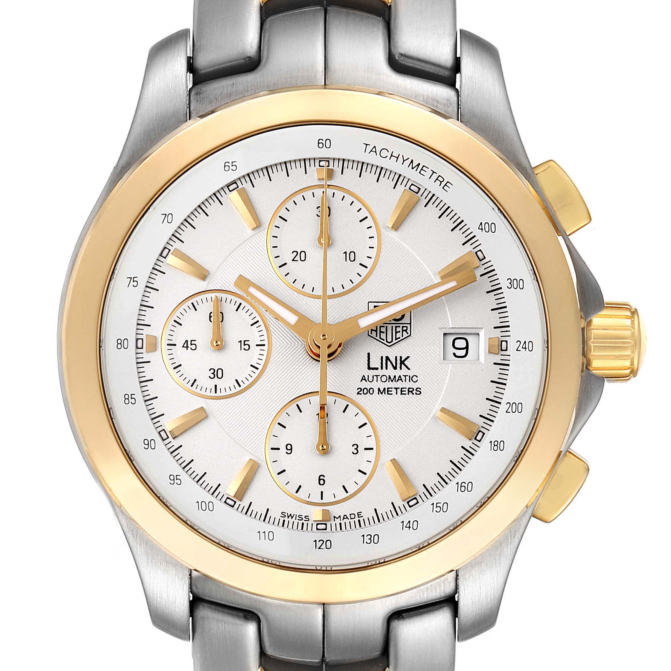 The Tag Heuer Link CJF2150.BB0595 Men's Steel and Gold (two tone) Silver Dial CJF2150.BB0595 Men's Steel and Gold (two tone) Silver Dial watch is shown from a front angle, displaying its face, sub-dials, tachymeter, and date window.