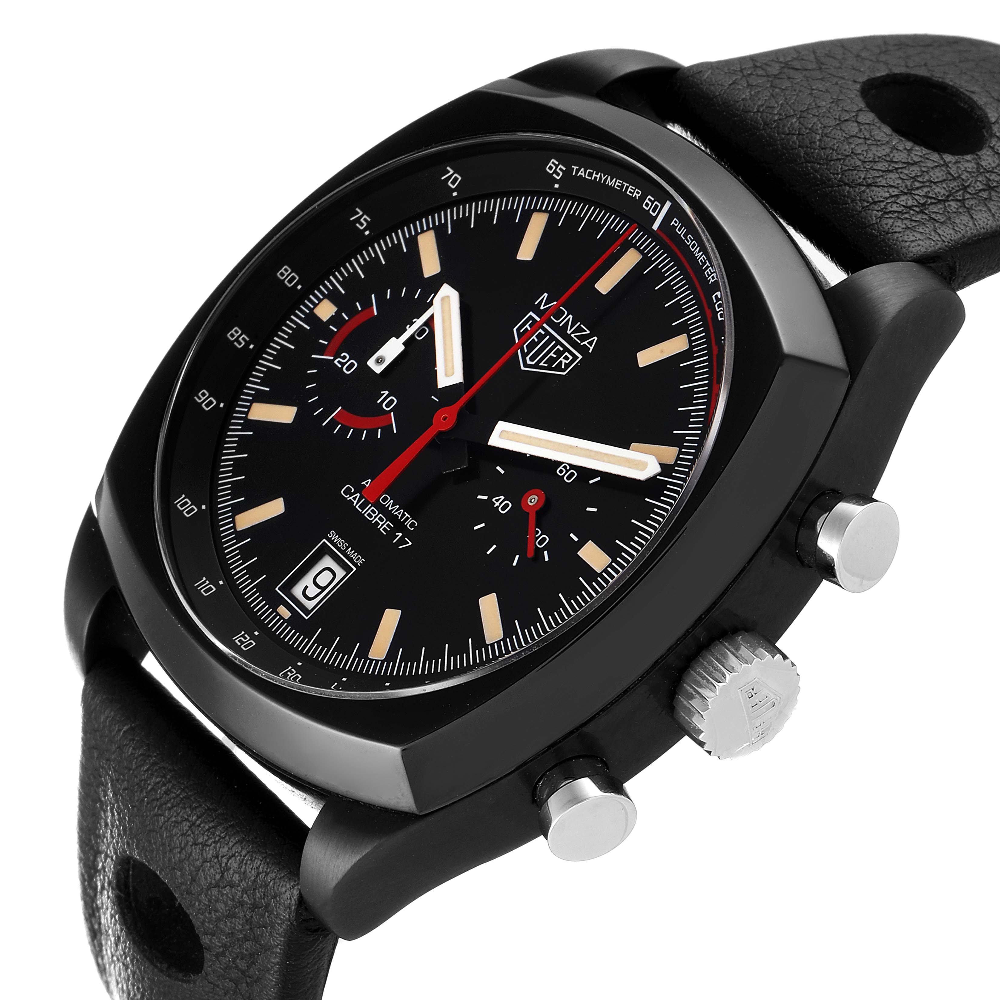 The Tag Heuer Monza watch is shown at an angled view, displaying its face, crown, pushers, and part of its leather strap.