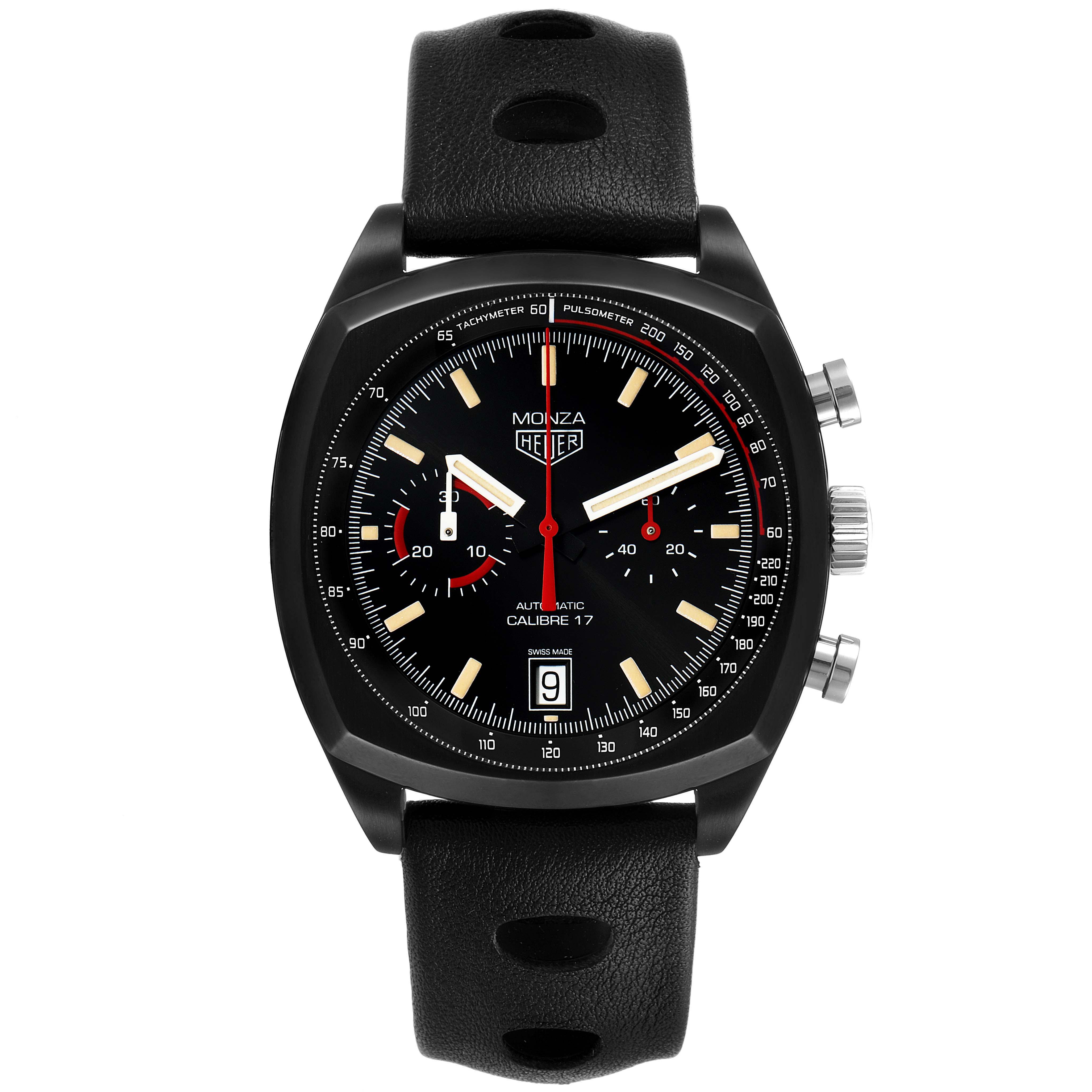 This image shows a front view of a Tag Heuer Monza watch, featuring its dial, strap, and side buttons.