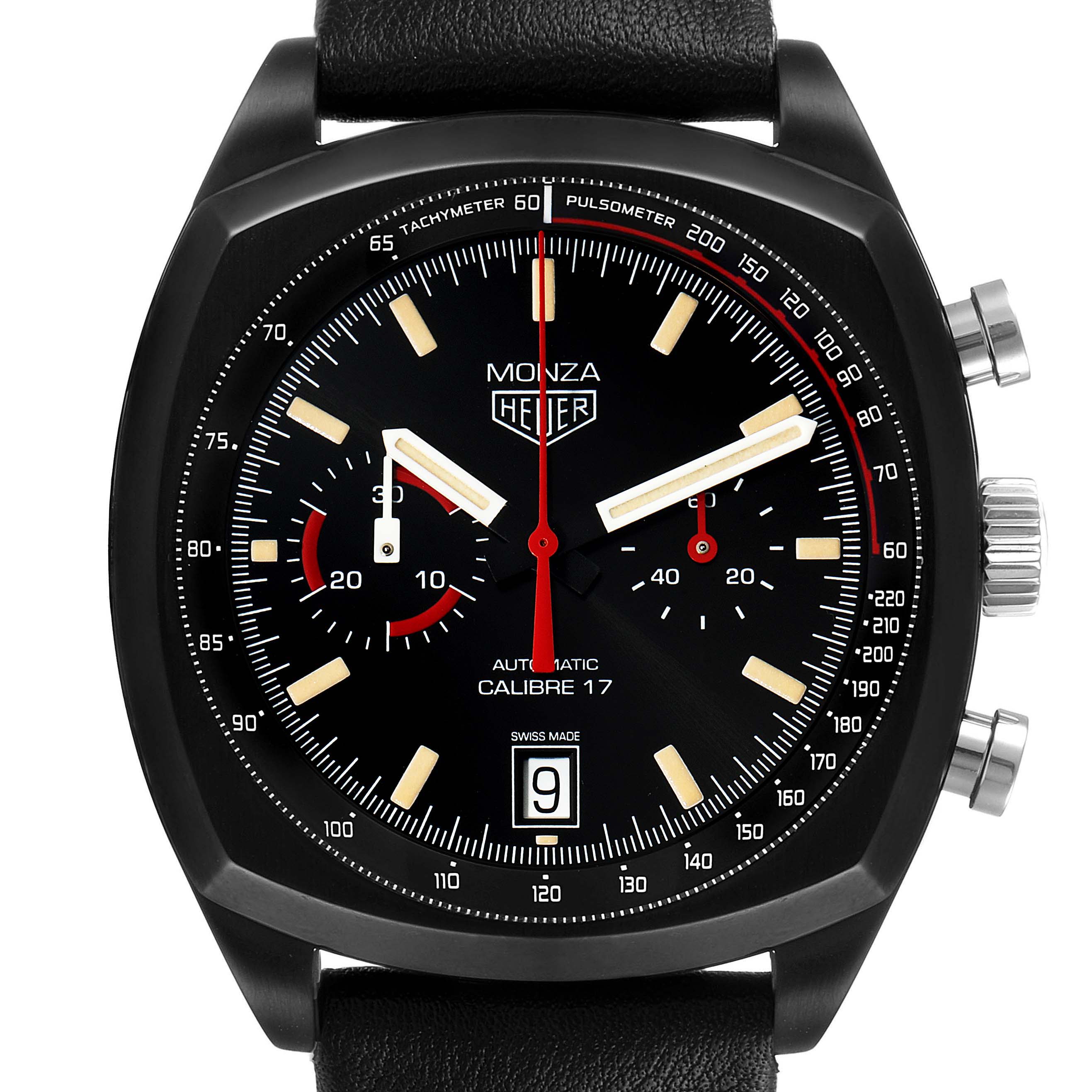 This is a close-up frontal view of the Tag Heuer Monza Limited Edition watch, showing the dial, chronograph subdials, and date window.