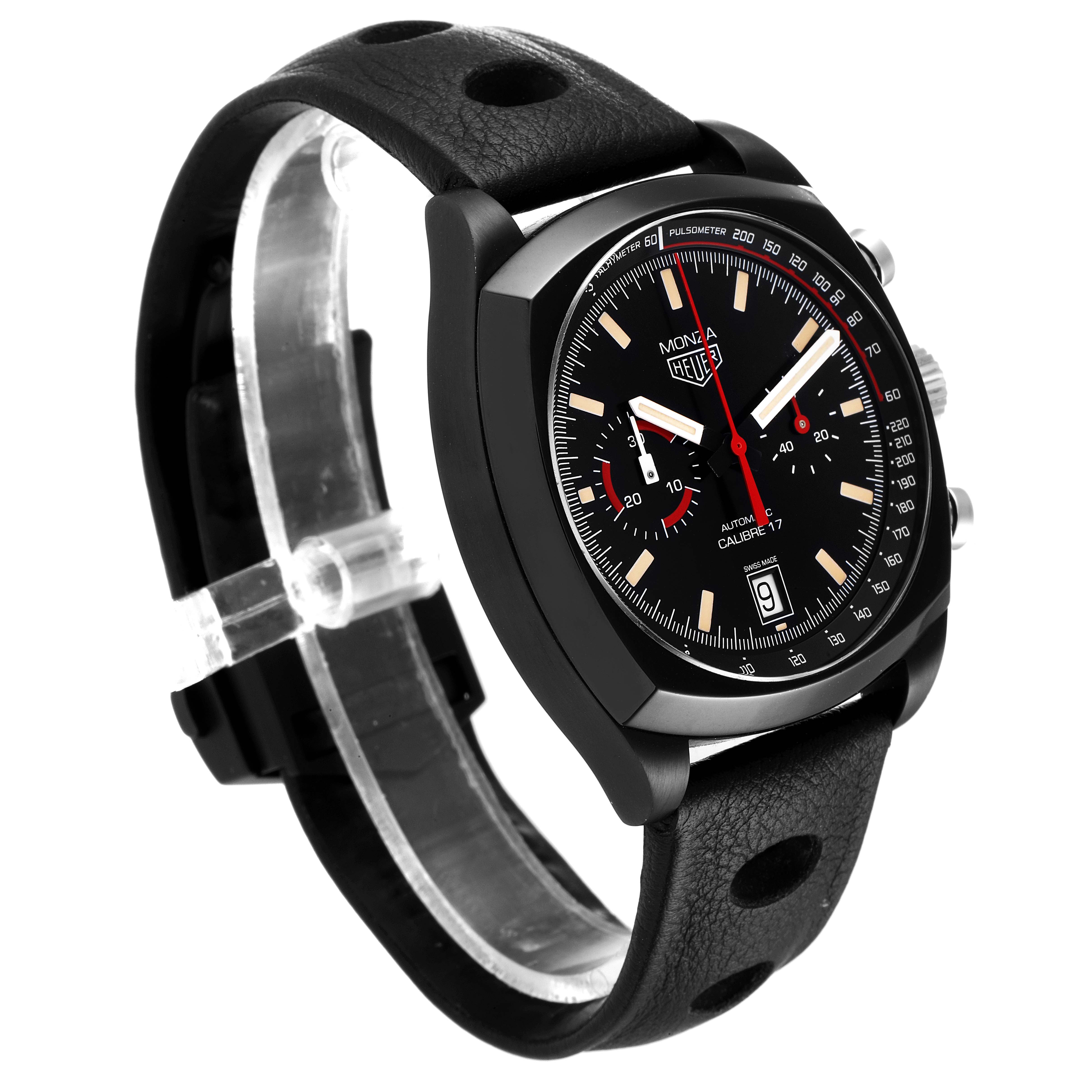 This image shows the Monza model by Tag Heuer at an angle highlighting its face, bezel, crown, and leather strap.