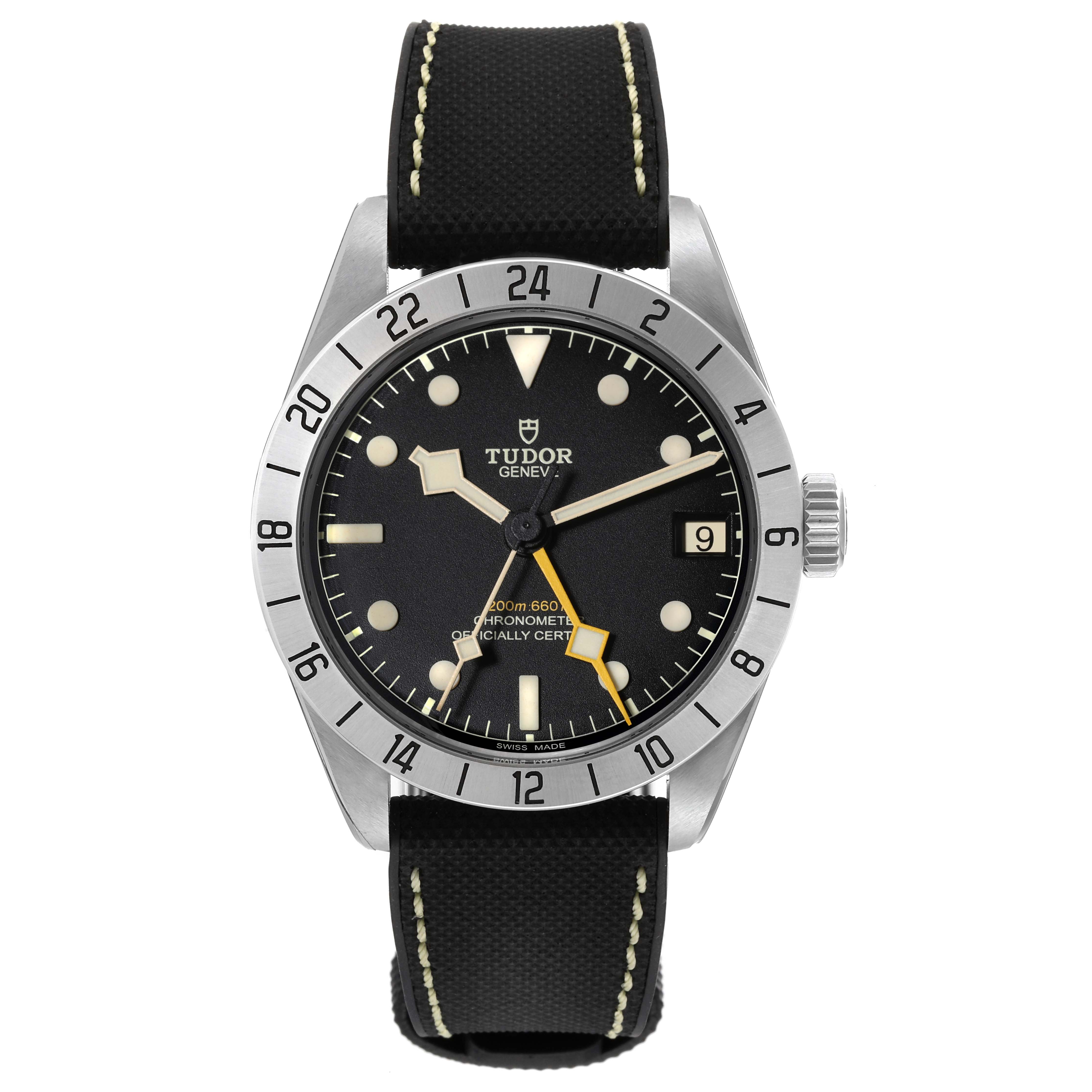 The image shows a front view of a Tudor Heritage Black Bay M79470-0003 Men
s Stainless Steel Black Dial M79470-0003 Men
s Stainless Steel Black Dial watch, displaying the dial, bezel, crown, and strap.