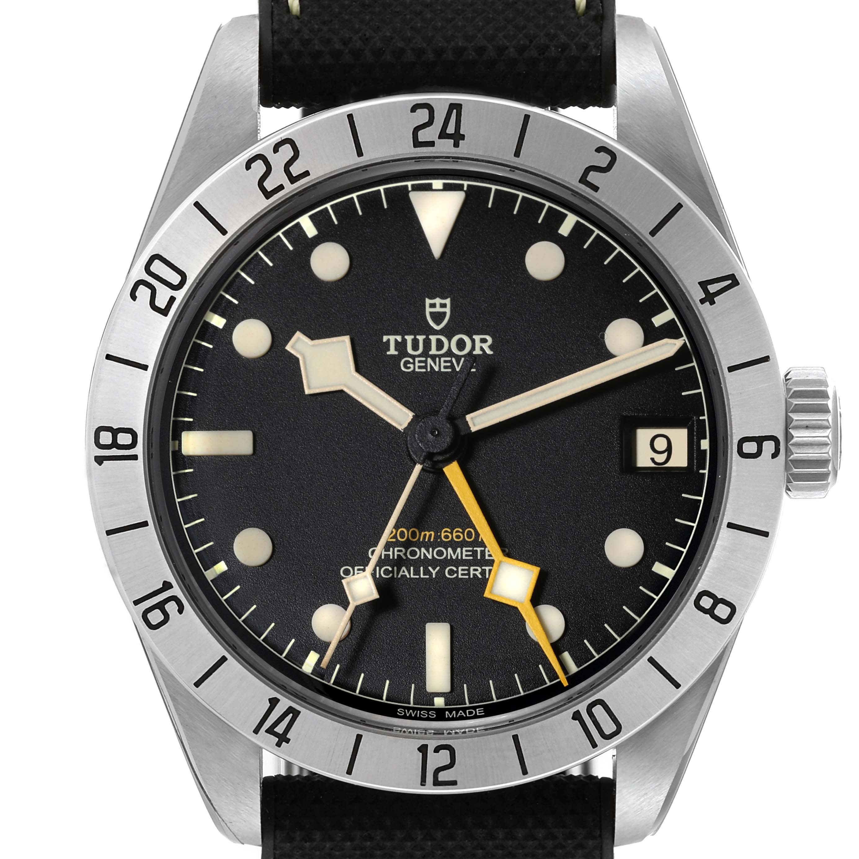 This image shows a front view of the Tudor Heritage Black Bay M79470-0003 Men
s Stainless Steel Black Dial M79470-0003 Men
s Stainless Steel Black Dial watch, highlighting the dial, bezel, and crown.