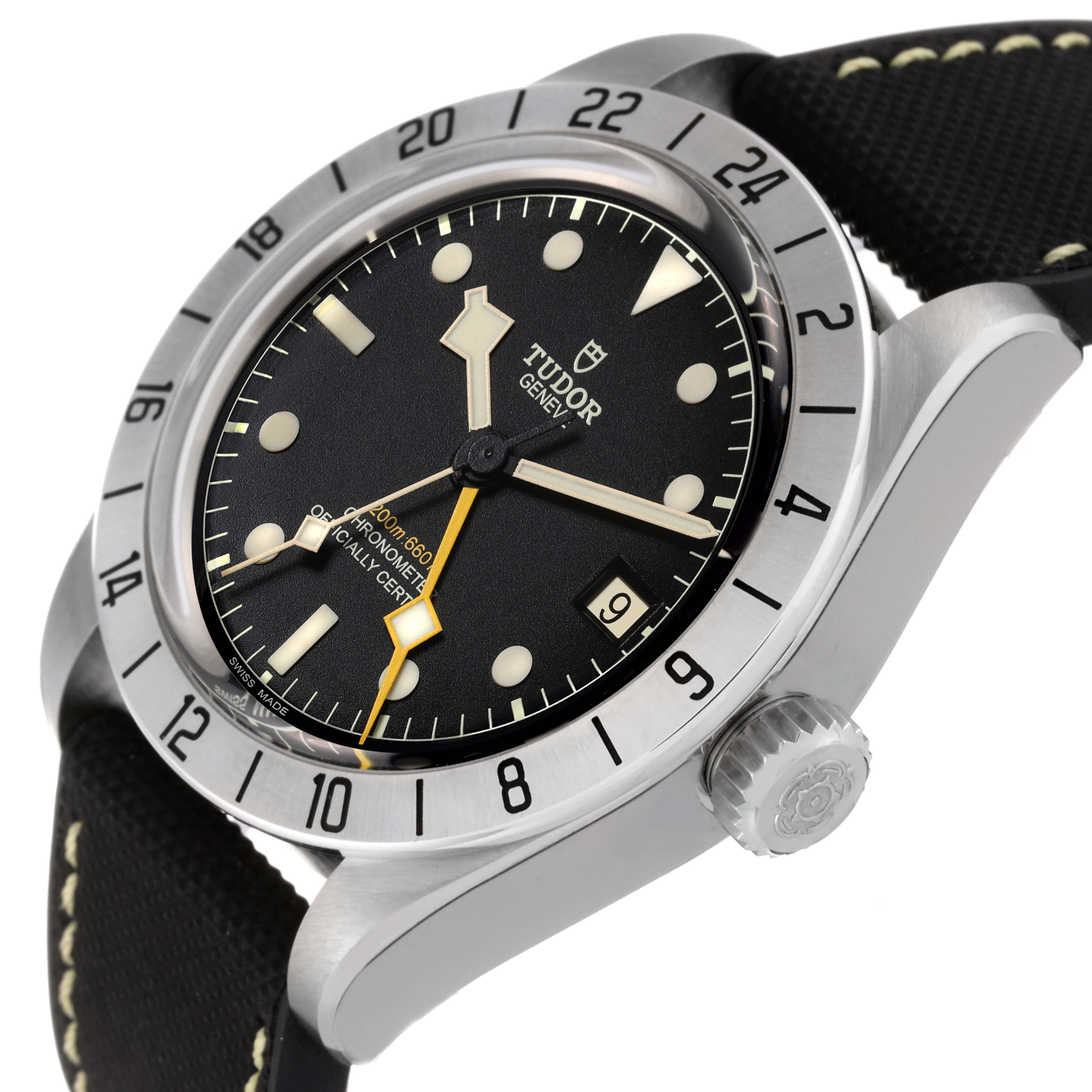 The image shows a side angle of the Tudor Heritage Black Bay M79470-0003 Men
s Stainless Steel Black Dial M79470-0003 Men
s Stainless Steel Black Dial watch, highlighting the dial, crown, bezel, and strap.