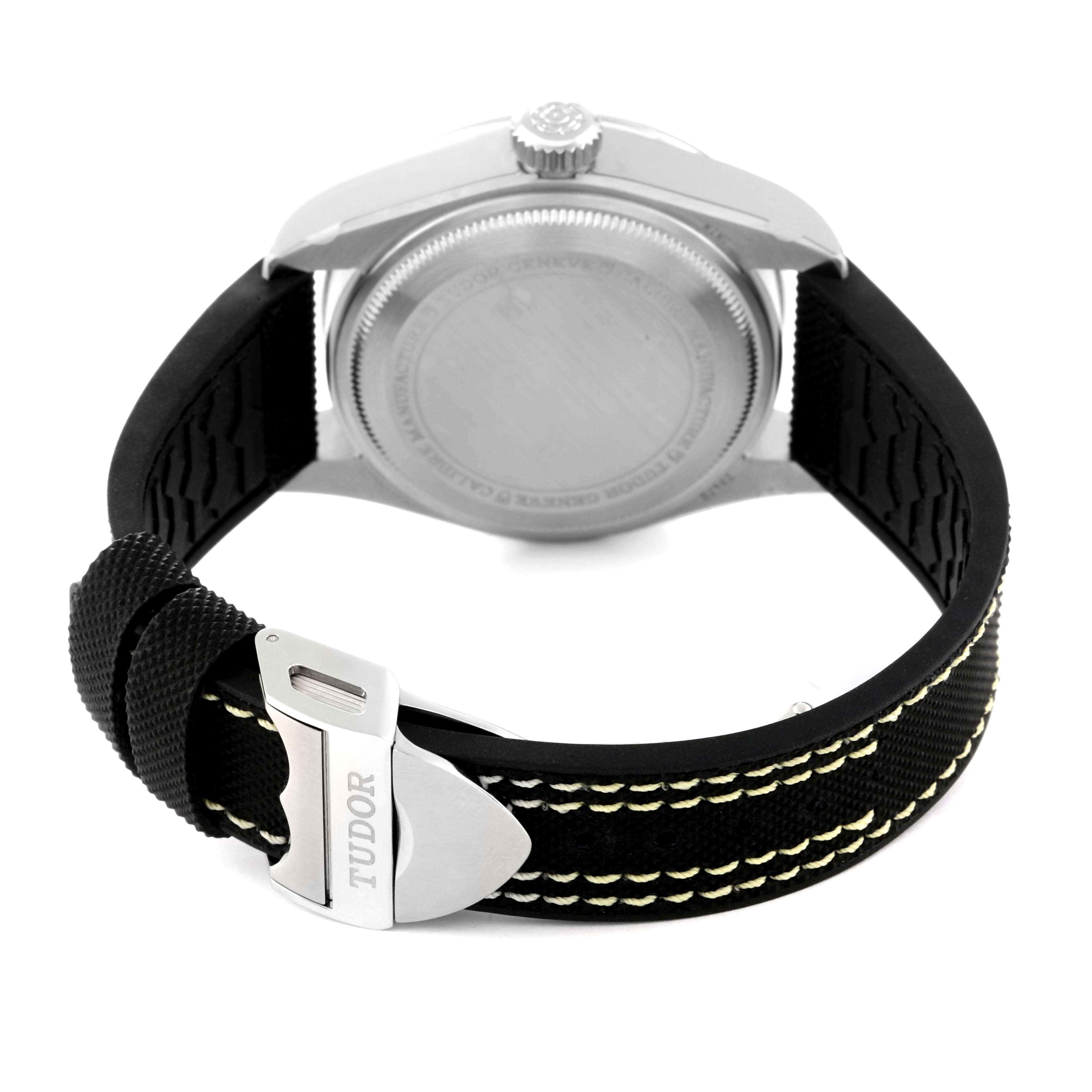 This image shows the back case and strap, including the buckle, of a Tudor Heritage Black Bay M79470-0003 Men
s Stainless Steel Black Dial M79470-0003 Men
s Stainless Steel Black Dial watch.