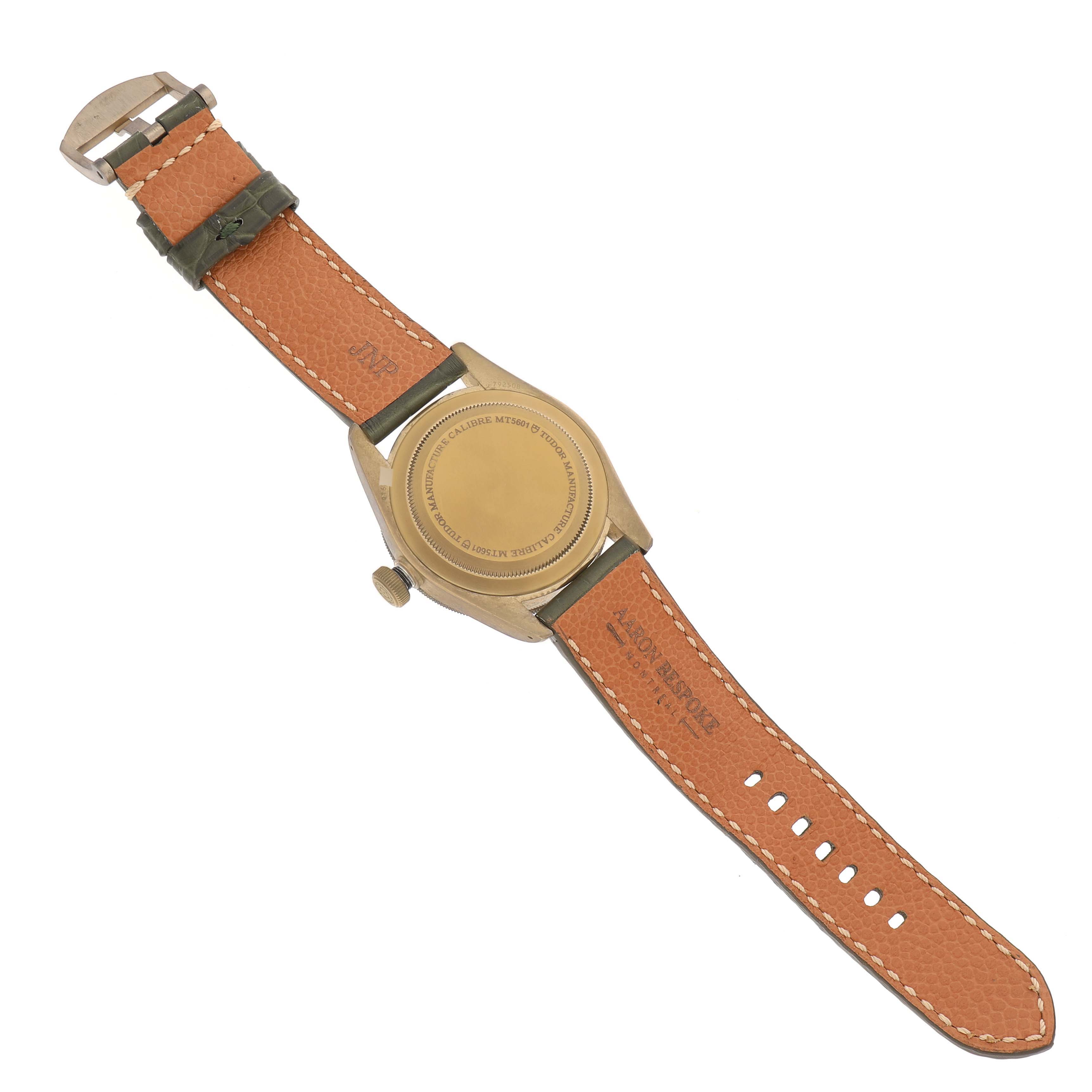 The image shows the back case and leather strap of the Tudor Heritage Black Bay 79250BA Men's Bronze Black Dial 79250BA Men's Bronze Black Dial watch, laid flat and viewed from the rear.