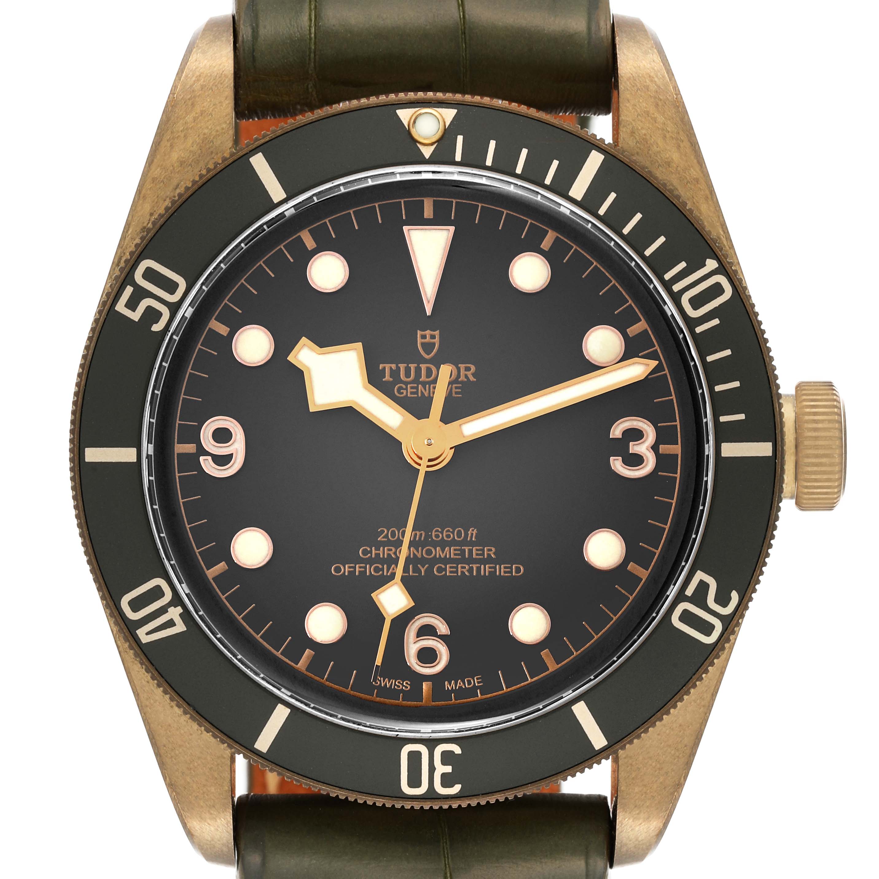 This image shows a front view of the Tudor Heritage Black Bay 79250BA Men's Bronze Black Dial 79250BA Men's Bronze Black Dial watch, highlighting the dial, bezel, case, and crown.