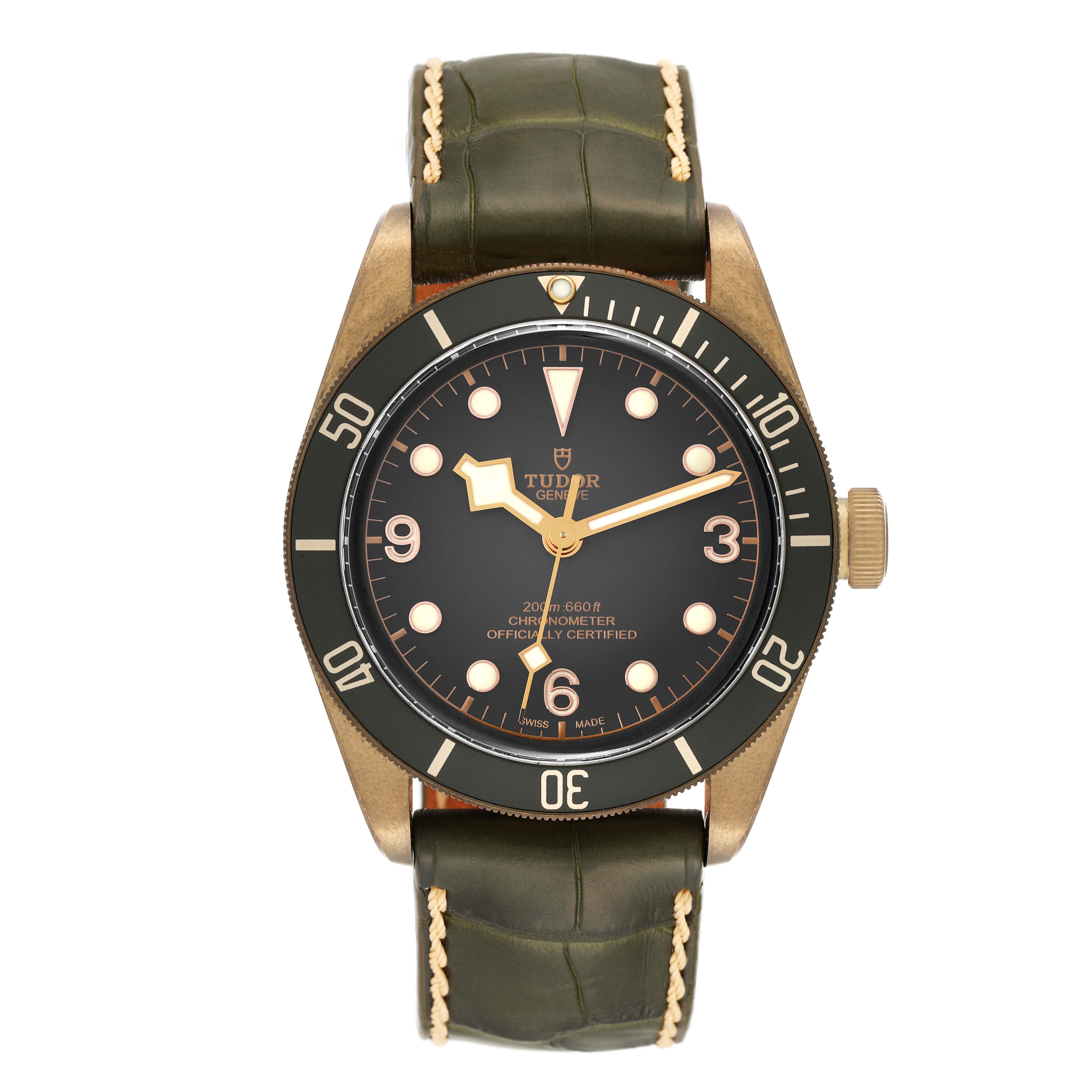 This is a front view of a Tudor Heritage Black Bay 79250BA Men's Bronze Black Dial 79250BA Men's Bronze Black Dial watch, showing the dial, bezel, case, and leather strap.