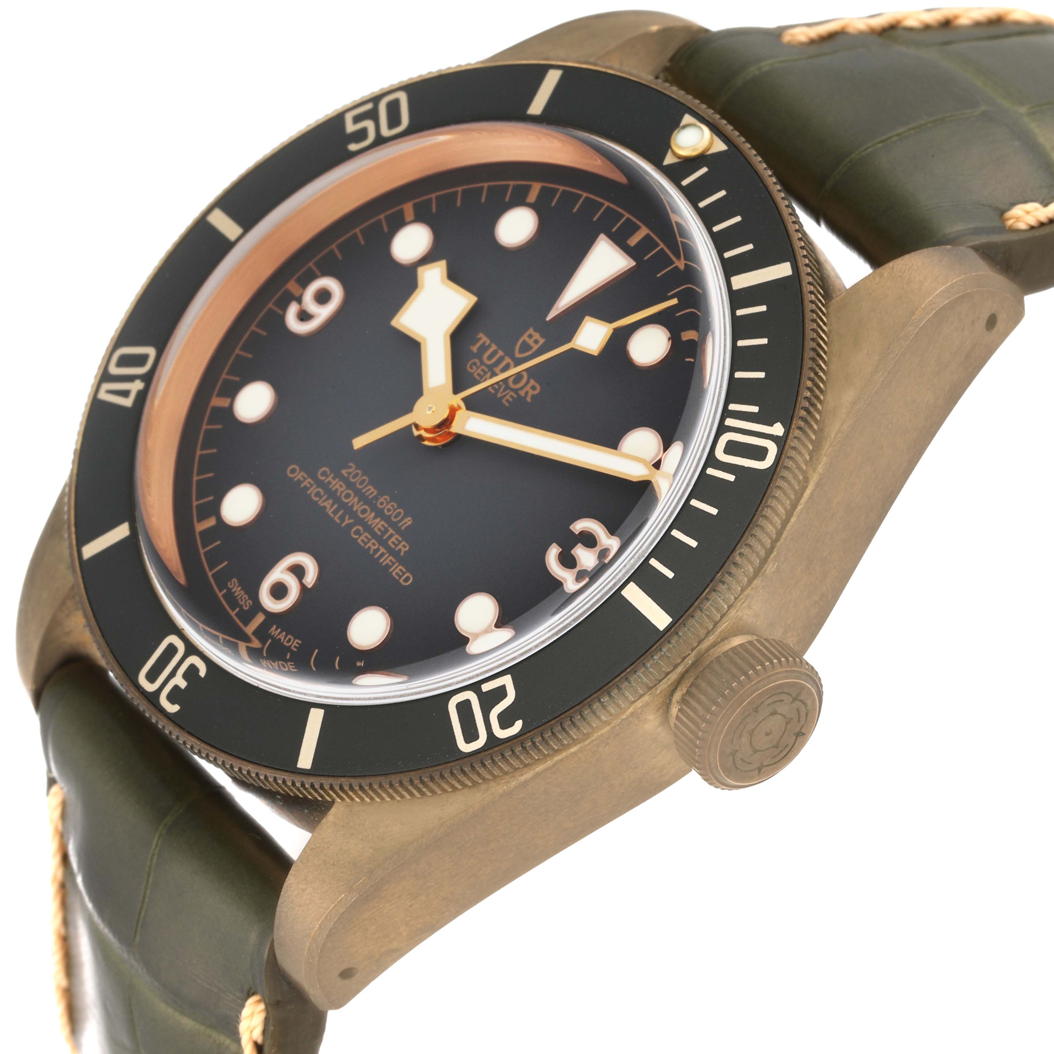 This image shows a Heritage Black Bay by Tudor from an oblique angle, highlighting the dial, bezel, crown, and strap.