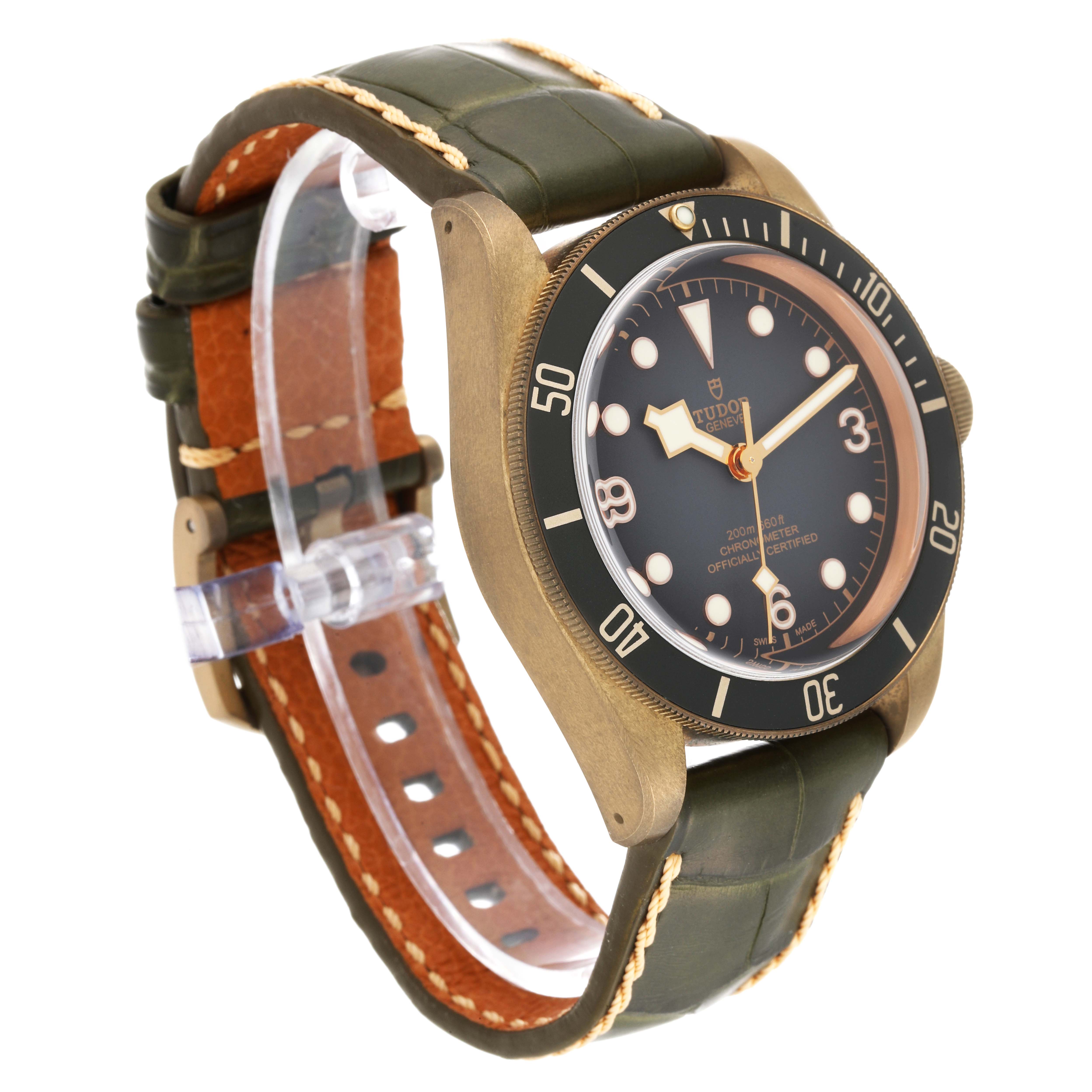 The image shows a Tudor Heritage Black Bay 79250BA Men's Bronze Black Dial 79250BA Men's Bronze Black Dial watch at a slight angle, highlighting the face, bezel, and green leather strap.