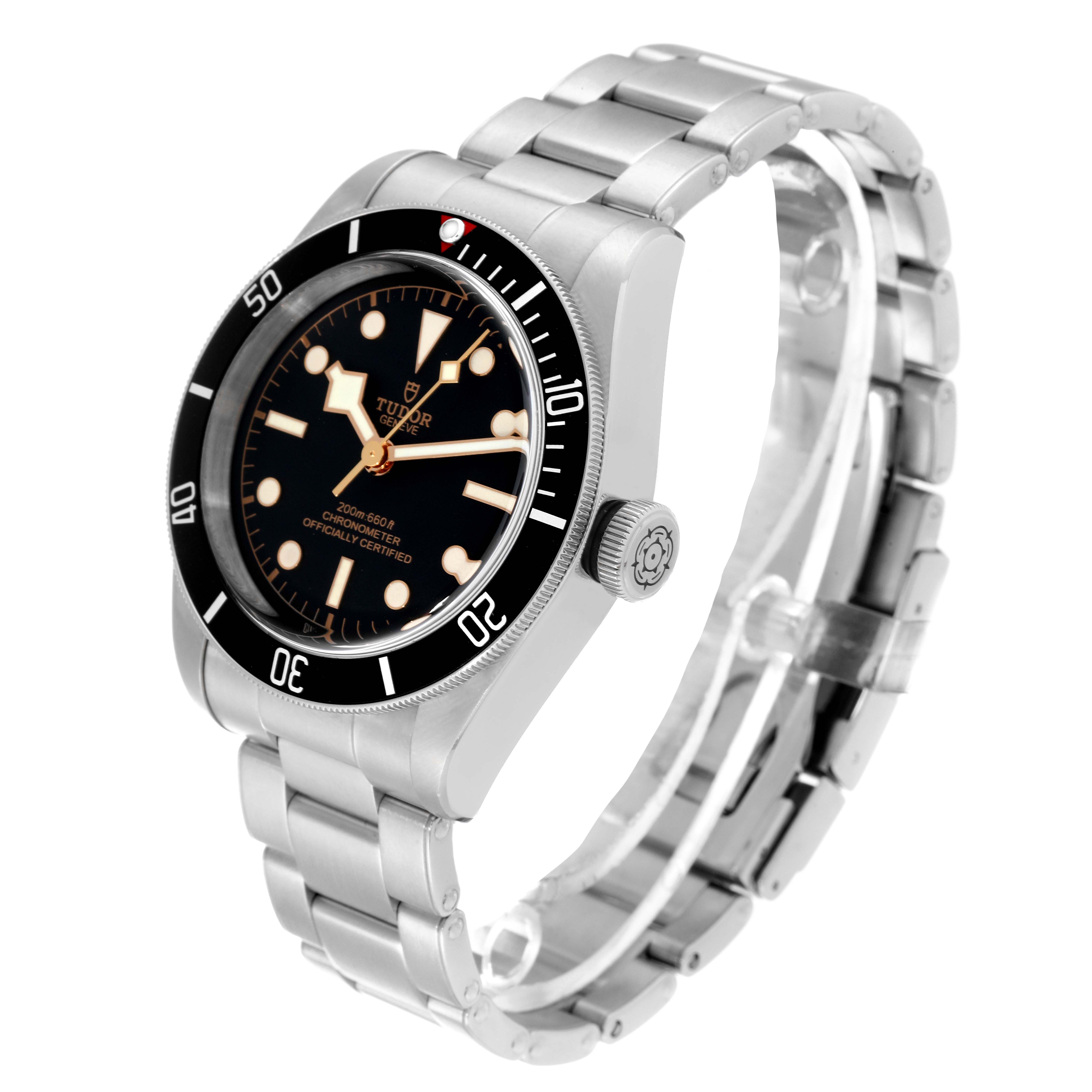 This image shows a side angle of the Tudor Heritage Black Bay 79230 Men
s Stainless Steel Black Dial 79230 Men
s Stainless Steel Black Dial watch, highlighting its bezel, face, and stainless steel bracelet.