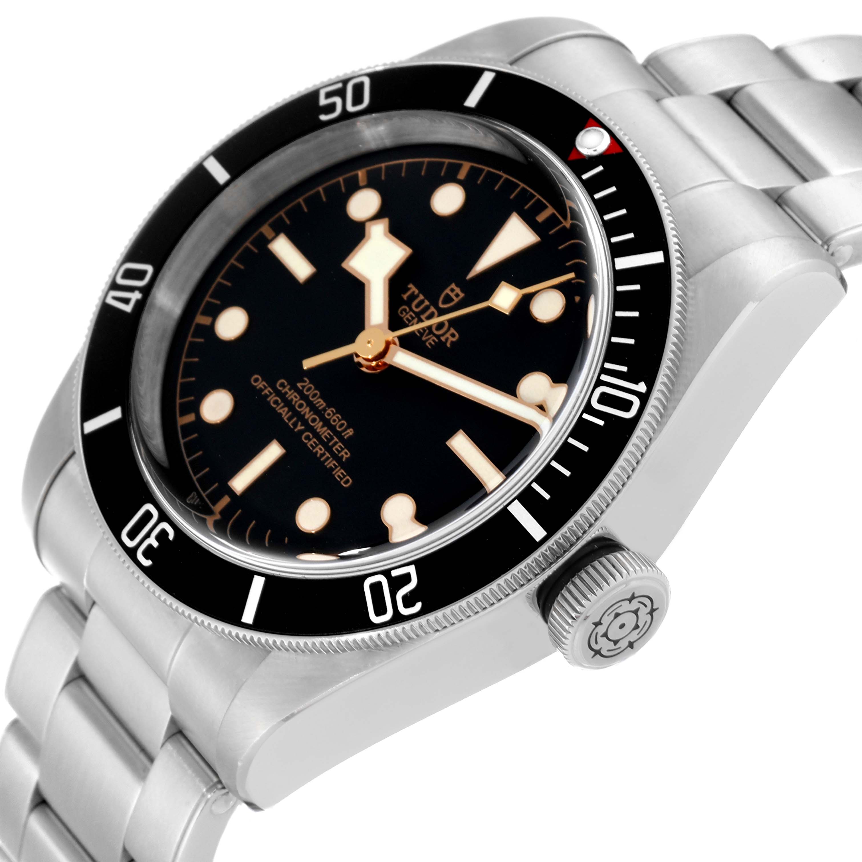 The Heritage Black Bay by Tudor is shown from a tilted side angle, highlighting the dial, bezel, crown, and bracelet.