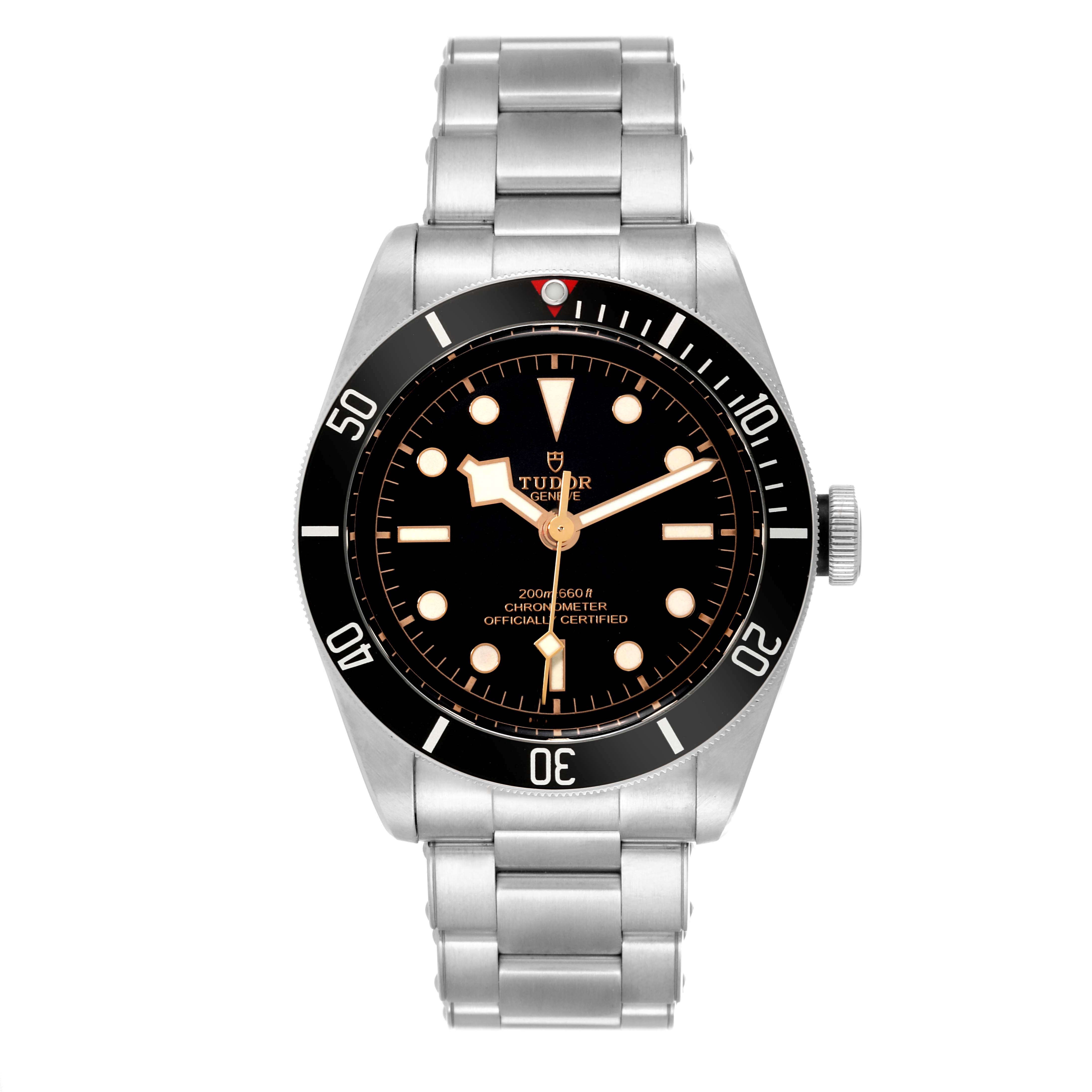 The image shows a front view of the Tudor Heritage Black Bay 79230 Men
s Stainless Steel Black Dial 79230 Men
s Stainless Steel Black Dial watch, including its dial, bezel, and stainless steel bracelet.