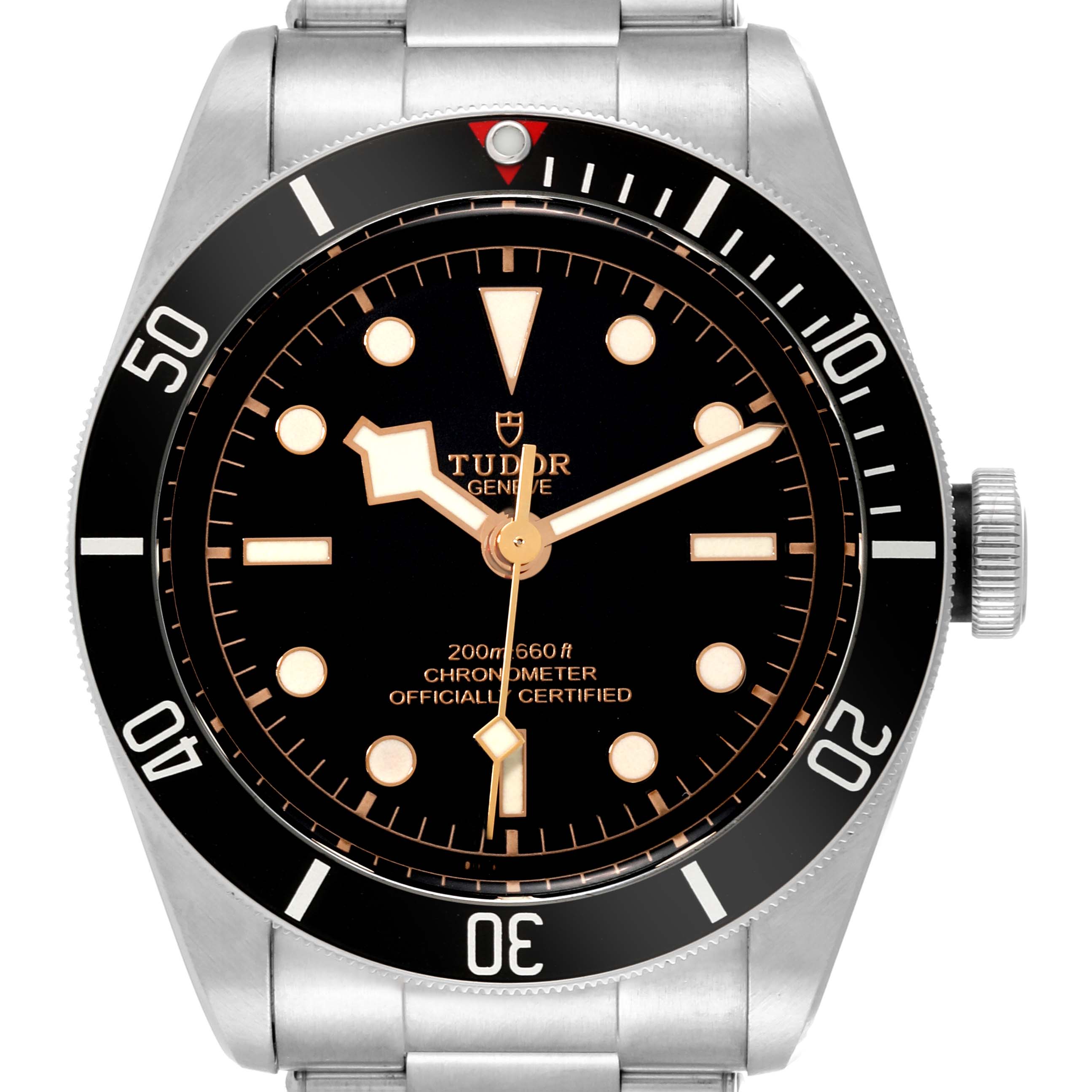 The image shows a frontal view of the Tudor Heritage Black Bay 79230 Men
s Stainless Steel Black Dial 79230 Men
s Stainless Steel Black Dial watch, displaying its dial, bezel, and part of the bracelet.