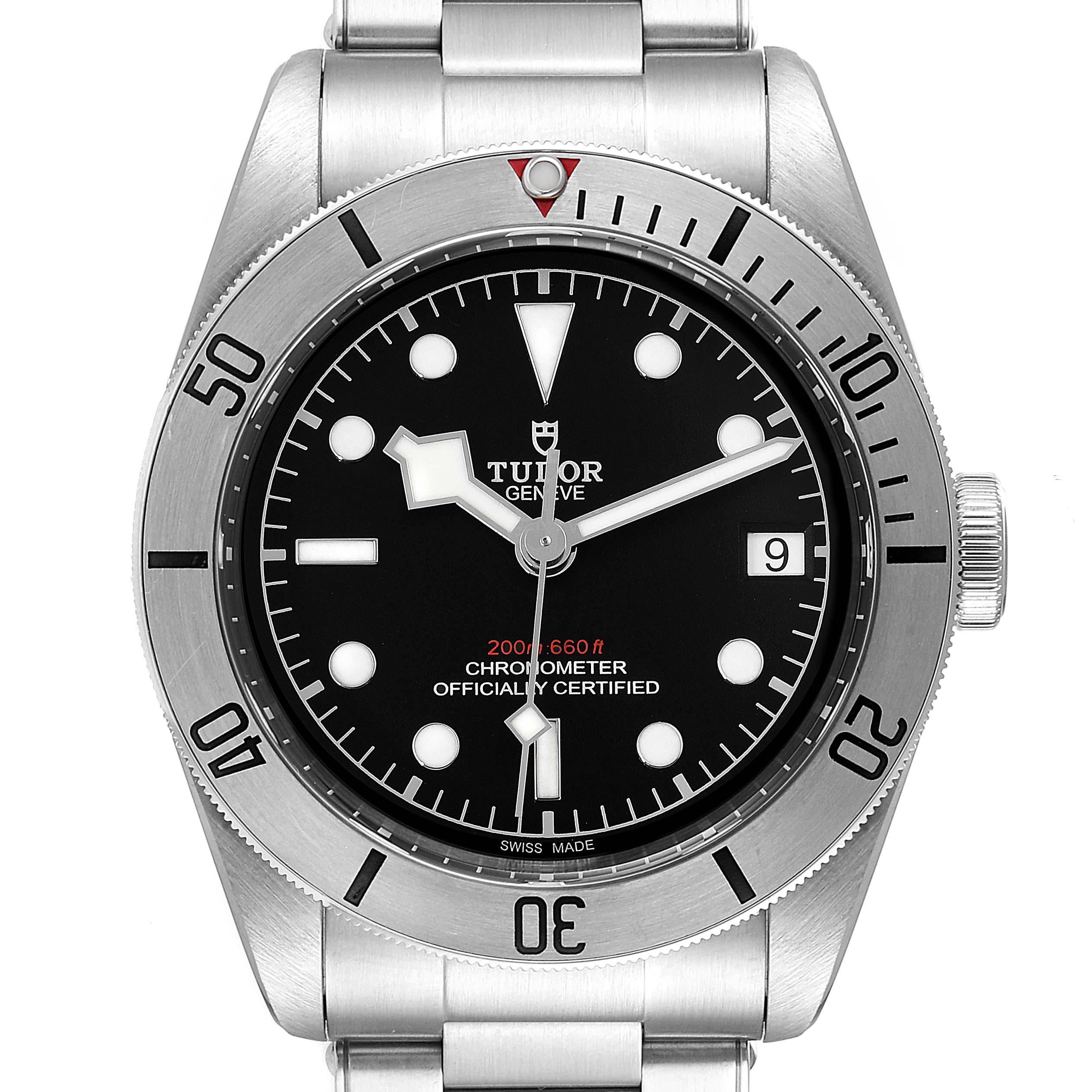 The image shows a front view of the Tudor Heritage Black Bay 55020 Men's Stainless Steel Black Dial 55020 Men's Stainless Steel Black Dial watch, highlighting its black dial, bezel, and stainless steel bracelet.