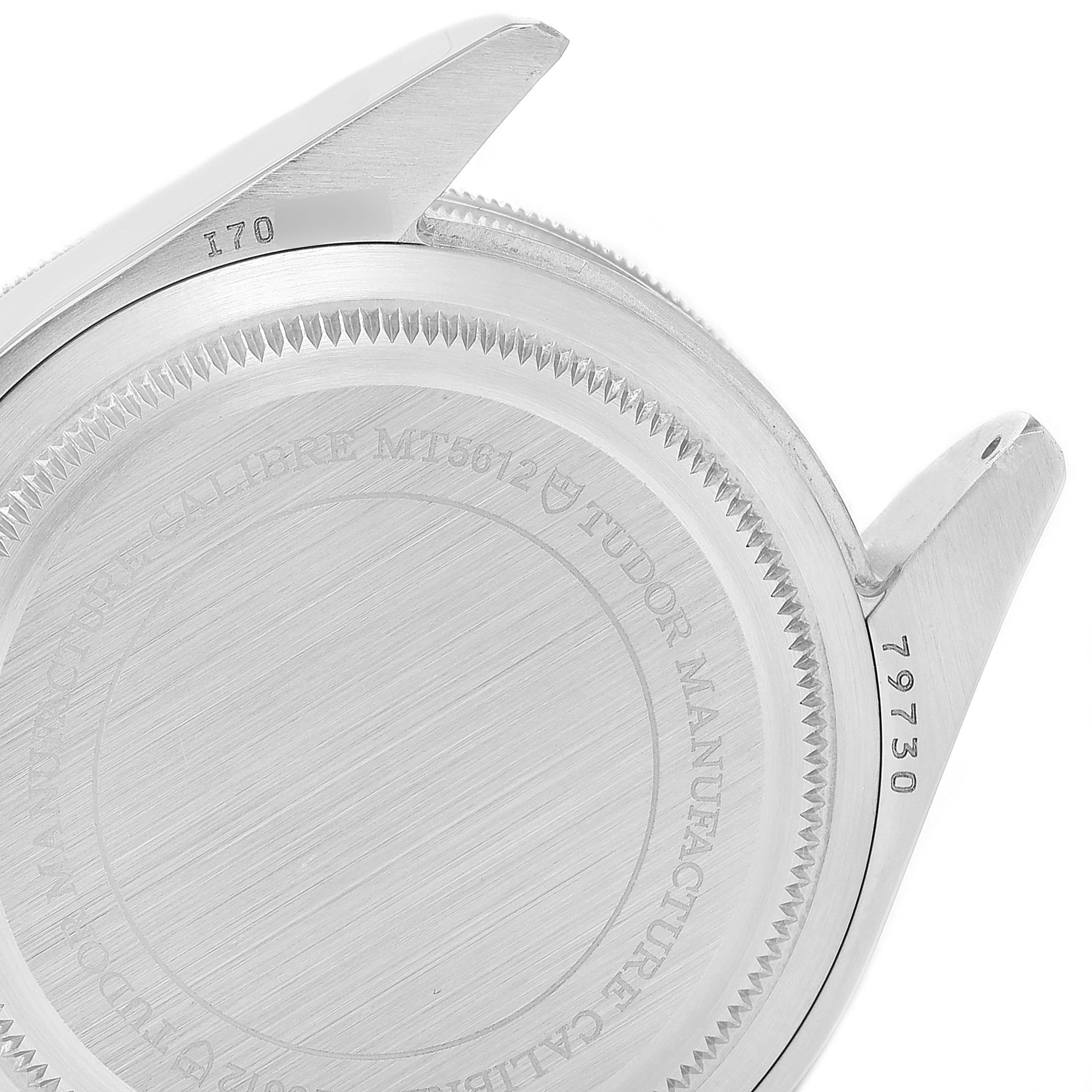 The image shows the back case and lugs of a Tudor Heritage Black Bay 55020 Men's Stainless Steel Black Dial 55020 Men's Stainless Steel Black Dial watch from an angled close-up view.