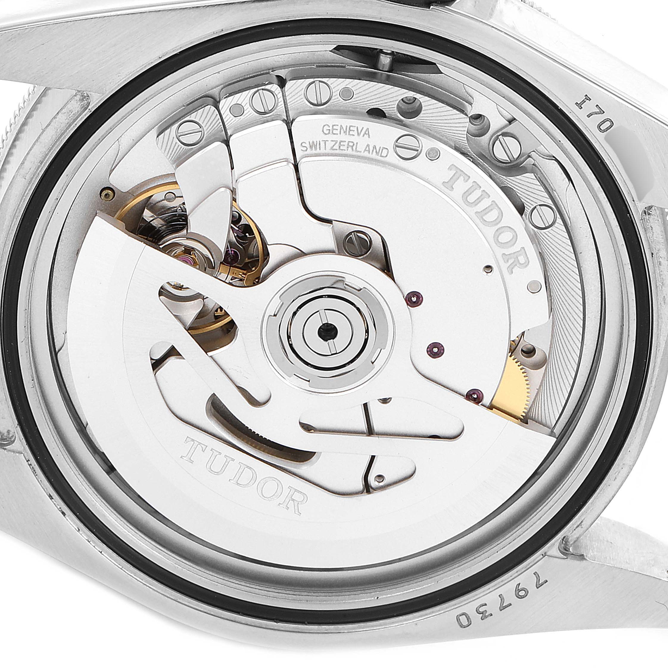 This image shows the intricate inner mechanism and movement of a Tudor Heritage Black Bay 55020 Men's Stainless Steel Black Dial 55020 Men's Stainless Steel Black Dial watch from a close-up, rear angle.