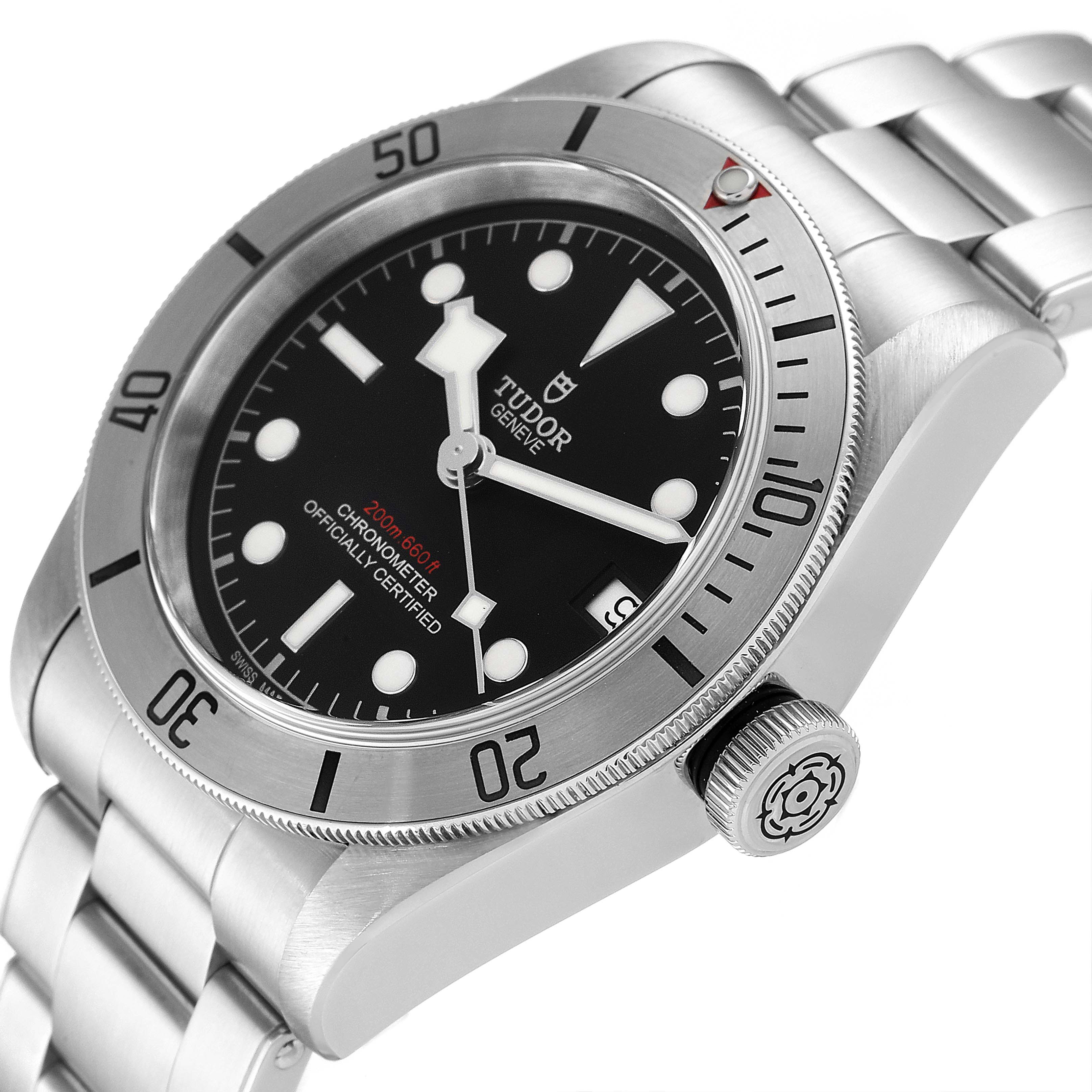 This image shows a Tudor Heritage Black Bay 55020 Men's Stainless Steel Black Dial 55020 Men's Stainless Steel Black Dial watch from a slight side angle, highlighting the dial, bezel, crown, and part of the bracelet.