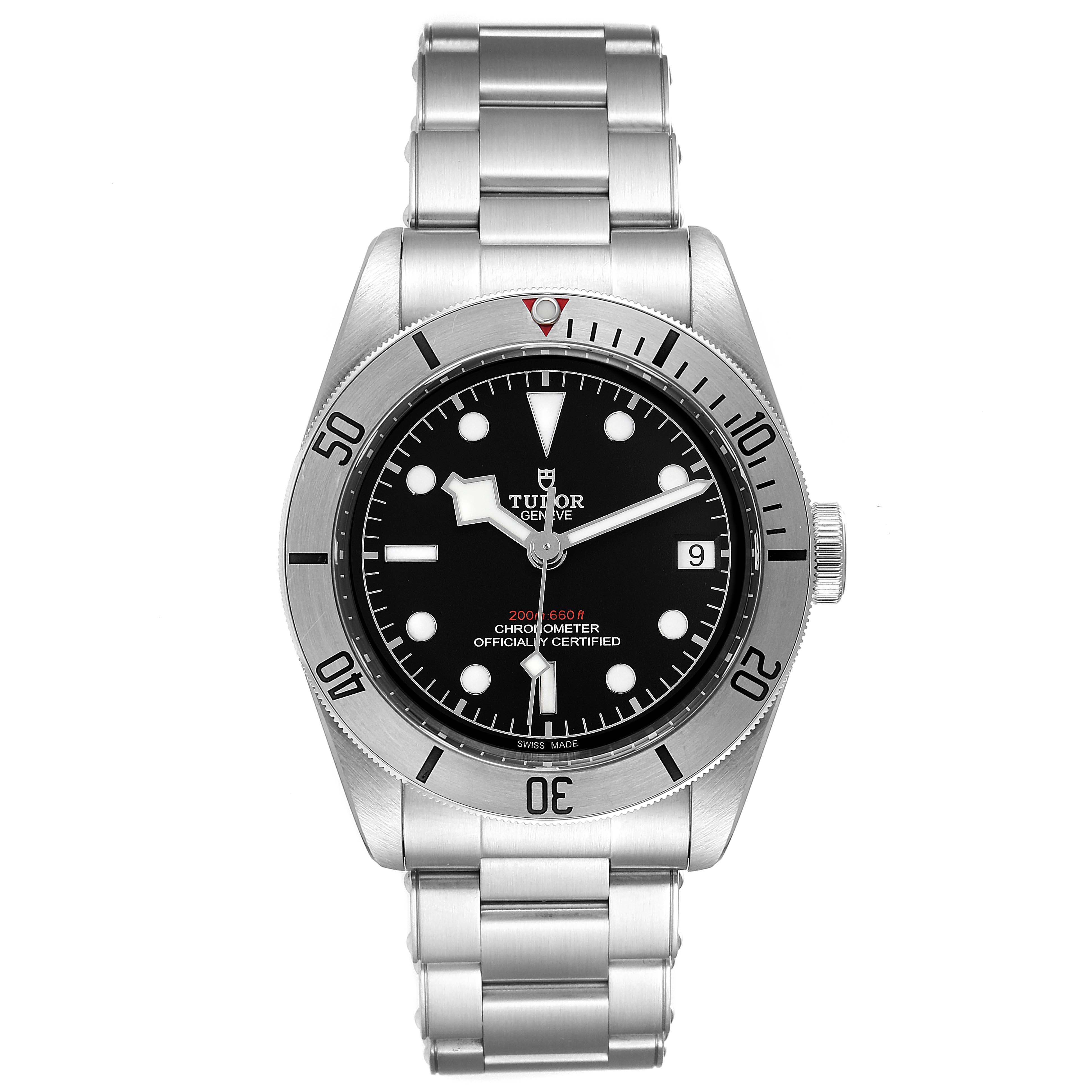 The image shows a front view of the Tudor Heritage Black Bay 55020 Men's Stainless Steel Black Dial 55020 Men's Stainless Steel Black Dial watch, displaying its black dial, bezel, and stainless steel bracelet.