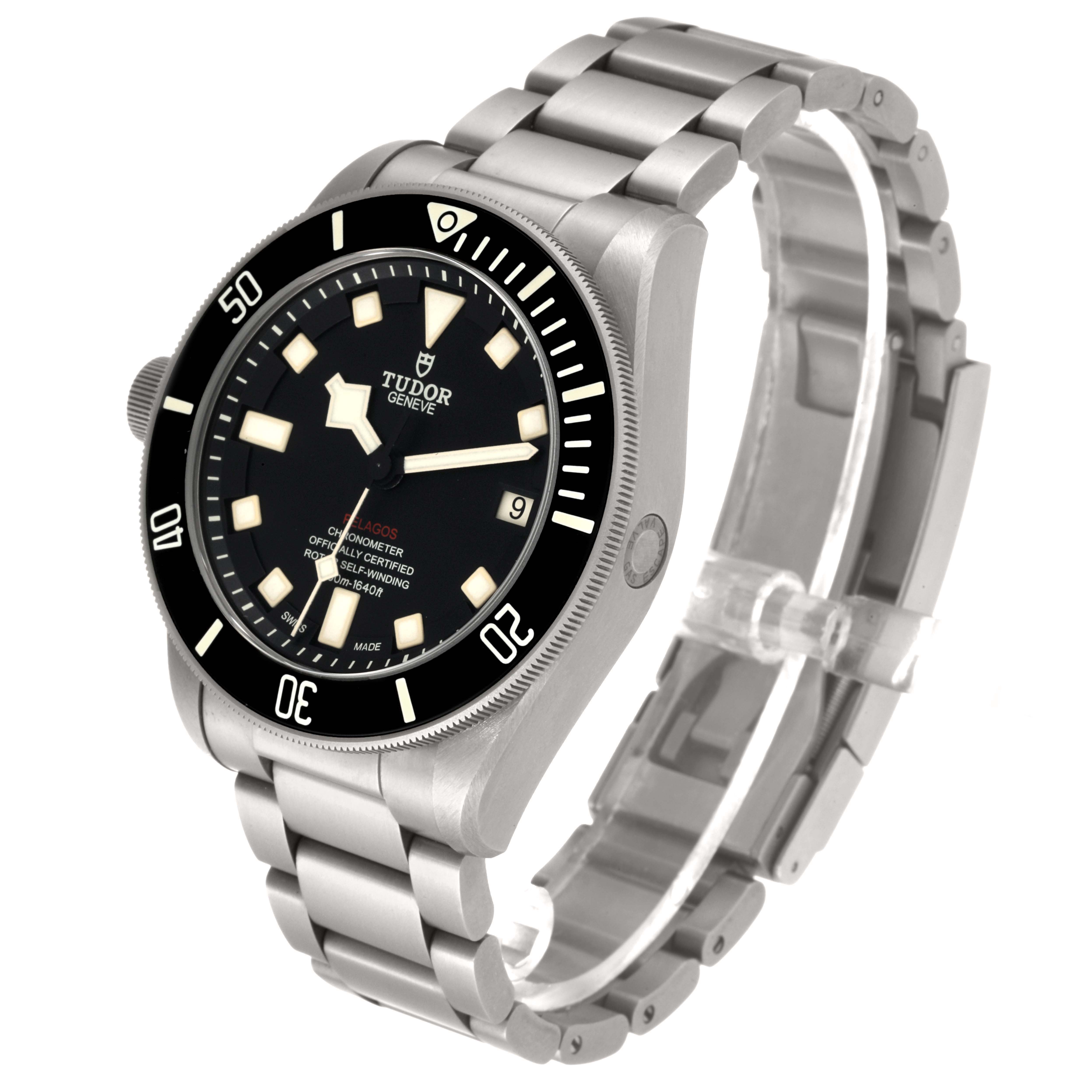 The Tudor Pelagos 25610TNL Men
s Titanium Black Dial 25610TNL Men
s Titanium Black Dial watch is shown at a slight angle, highlighting its face, bezel, and bracelet.