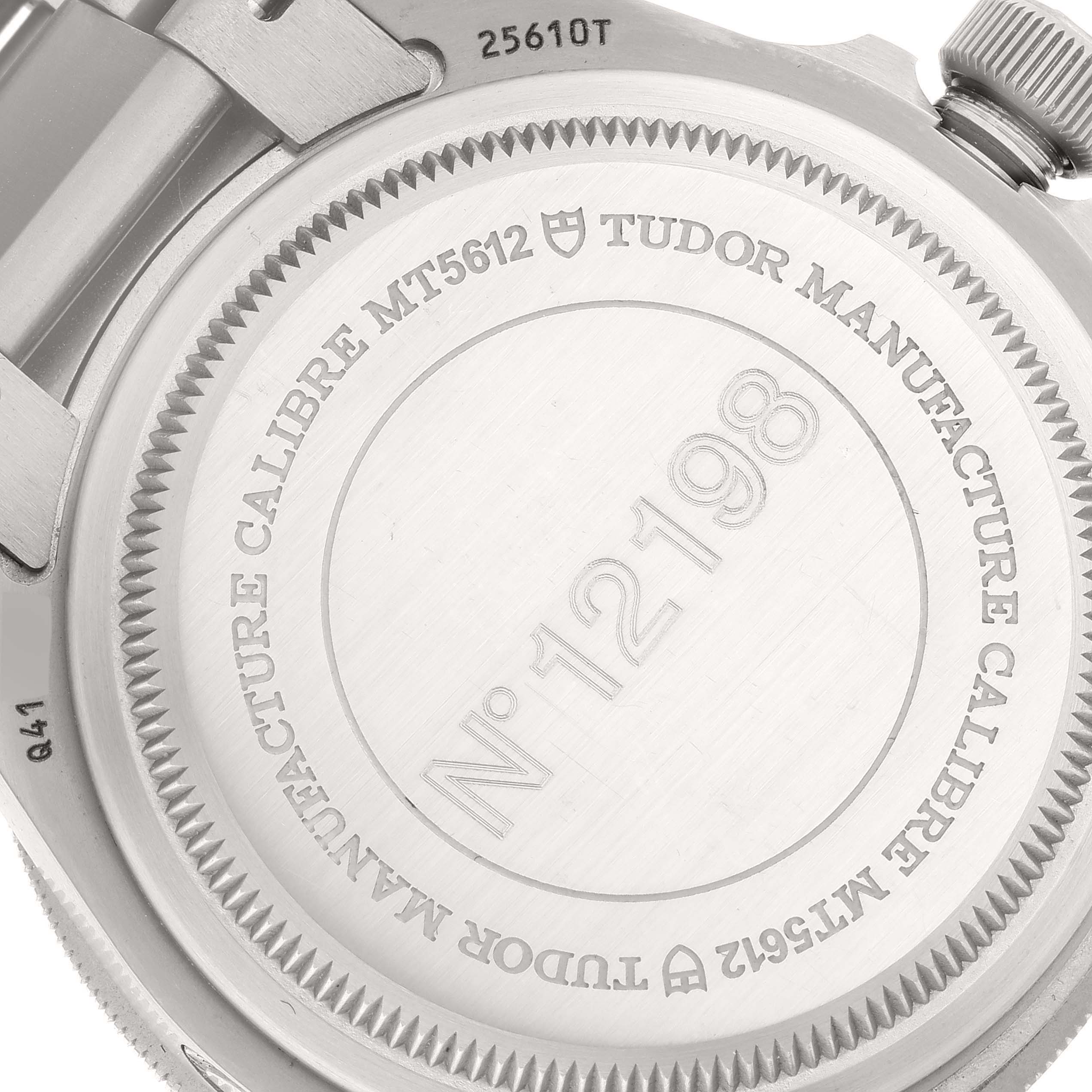 This is a close-up view of the case back of a Tudor Pelagos 25610TNL Men
s Titanium Black Dial 25610TNL Men
s Titanium Black Dial watch, showing the serial number and engraved details.