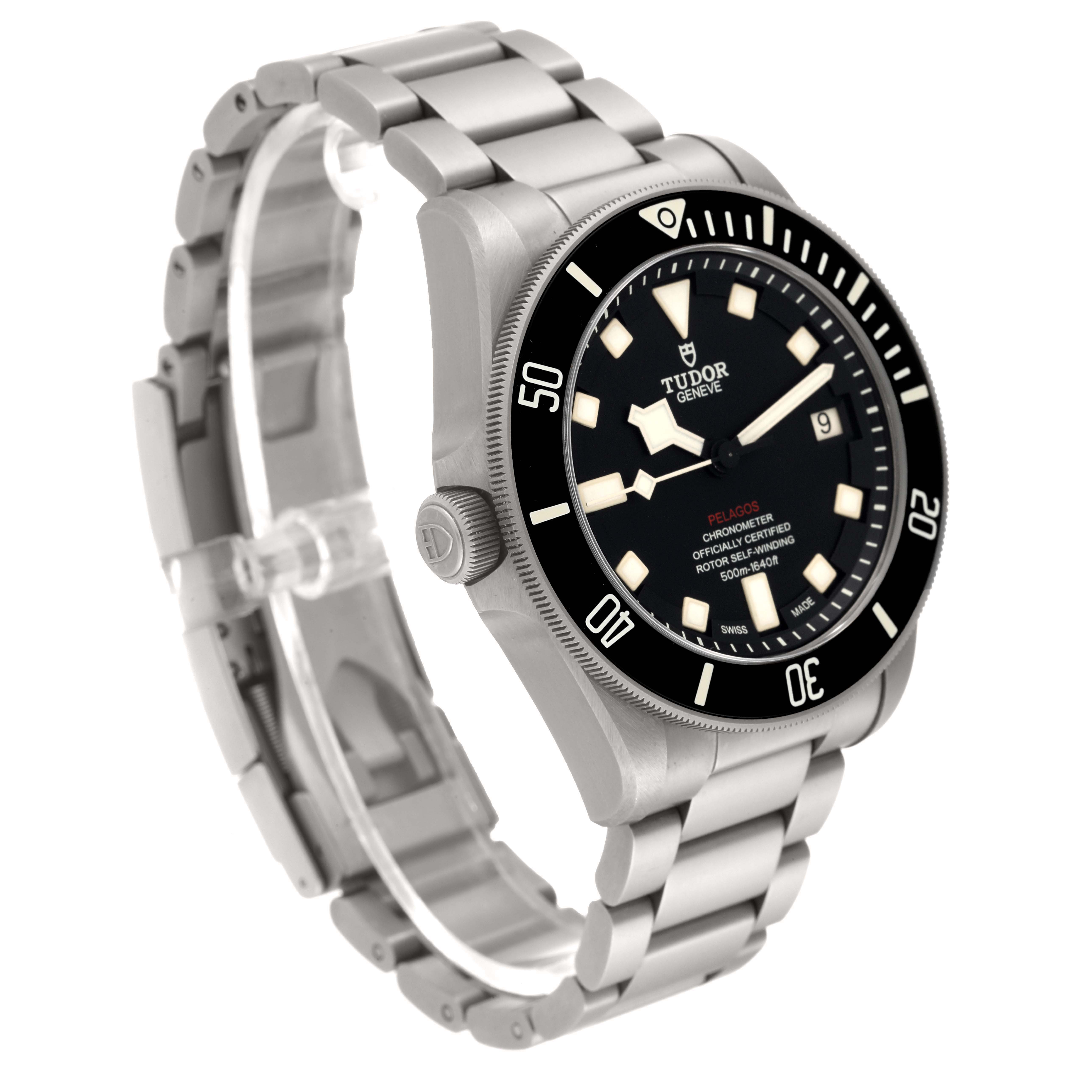 The image shows a Tudor Pelagos 25610TNL Men
s Titanium Black Dial 25610TNL Men
s Titanium Black Dial watch at an angled front view, highlighting the dial, bezel, and bracelet.