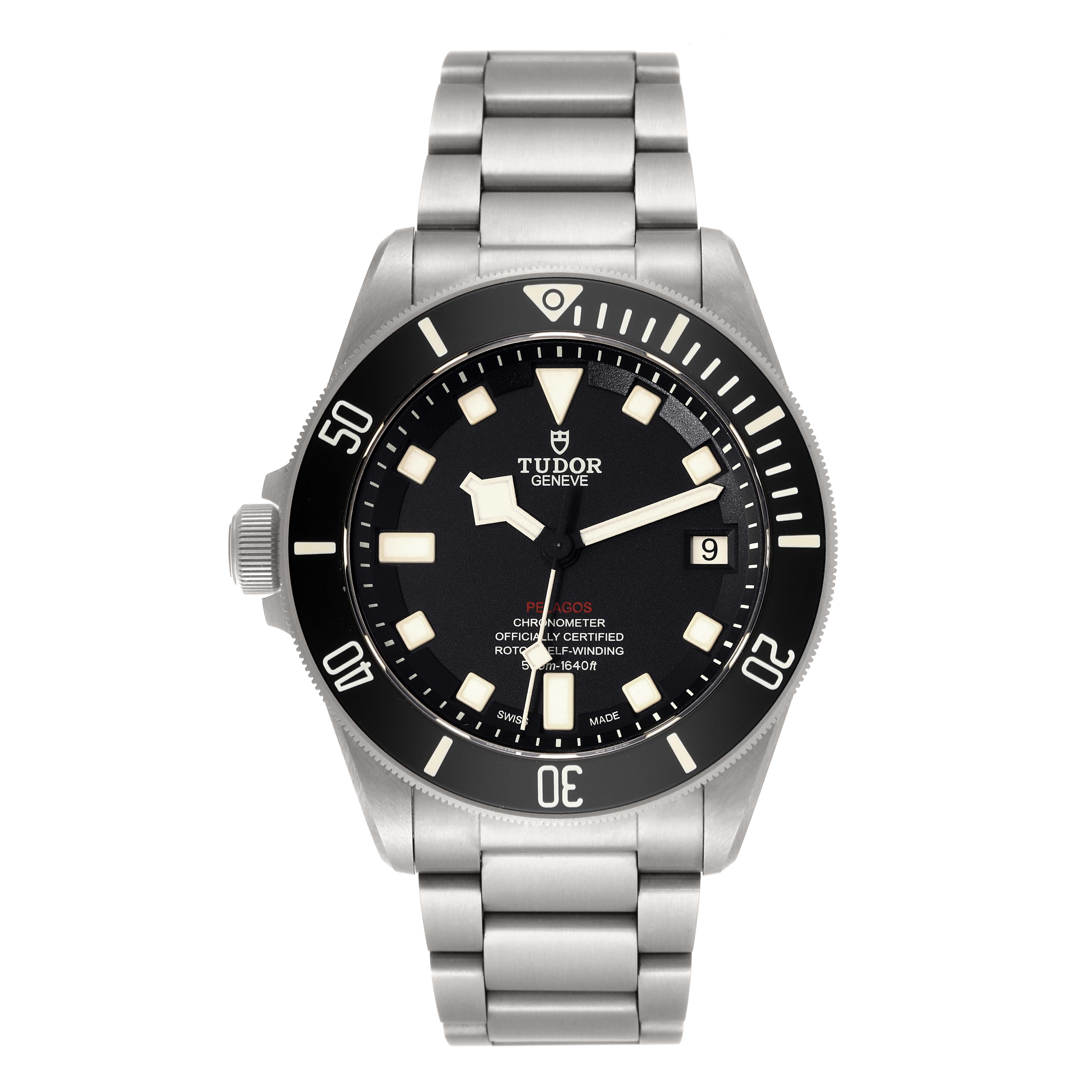The image shows a front view of the Tudor Pelagos 25610TNL Men
s Titanium Black Dial 25610TNL Men
s Titanium Black Dial watch, including its face, bezel, case, and metal bracelet.