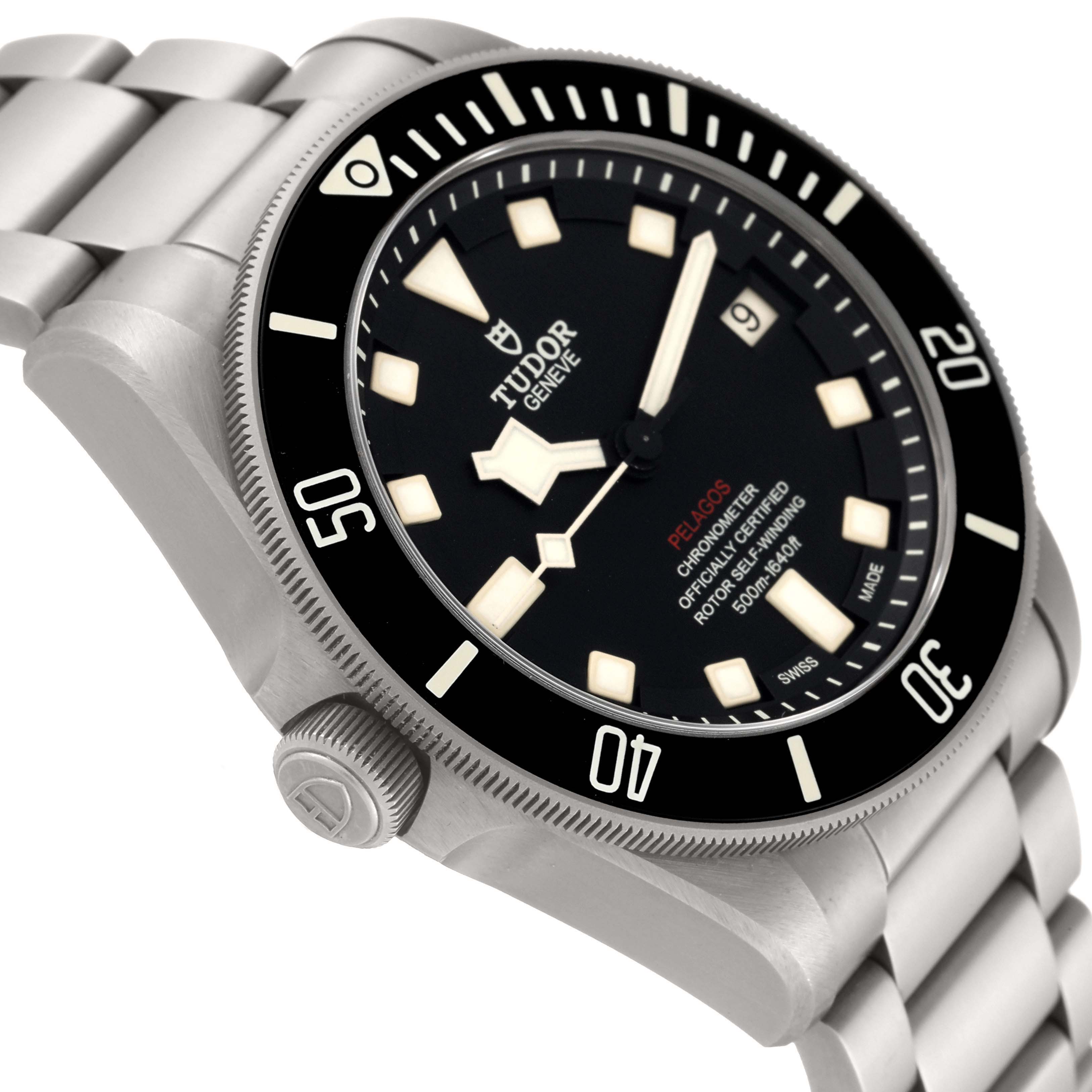 The image shows a Tudor Pelagos 25610TNL Men
s Titanium Black Dial 25610TNL Men
s Titanium Black Dial watch at a slightly angled side view, highlighting the dial, bezel, crown, and bracelet.