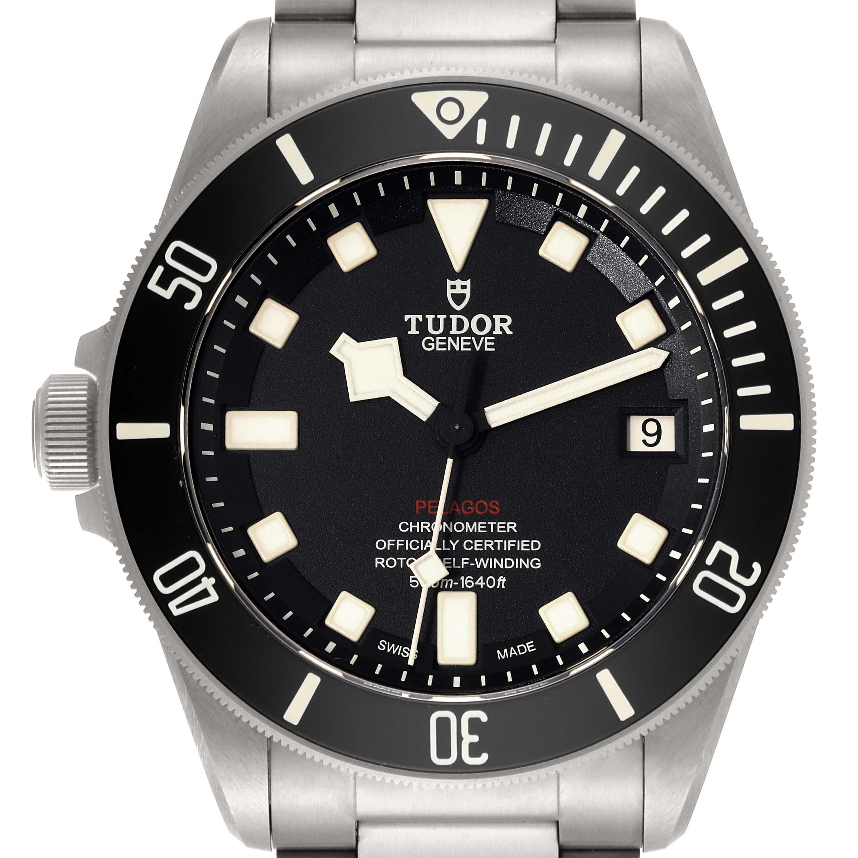 The image shows a frontal view of the Tudor Pelagos 25610TNL Men
s Titanium Black Dial 25610TNL Men
s Titanium Black Dial watch, highlighting its dial, bezel, and part of the strap.
