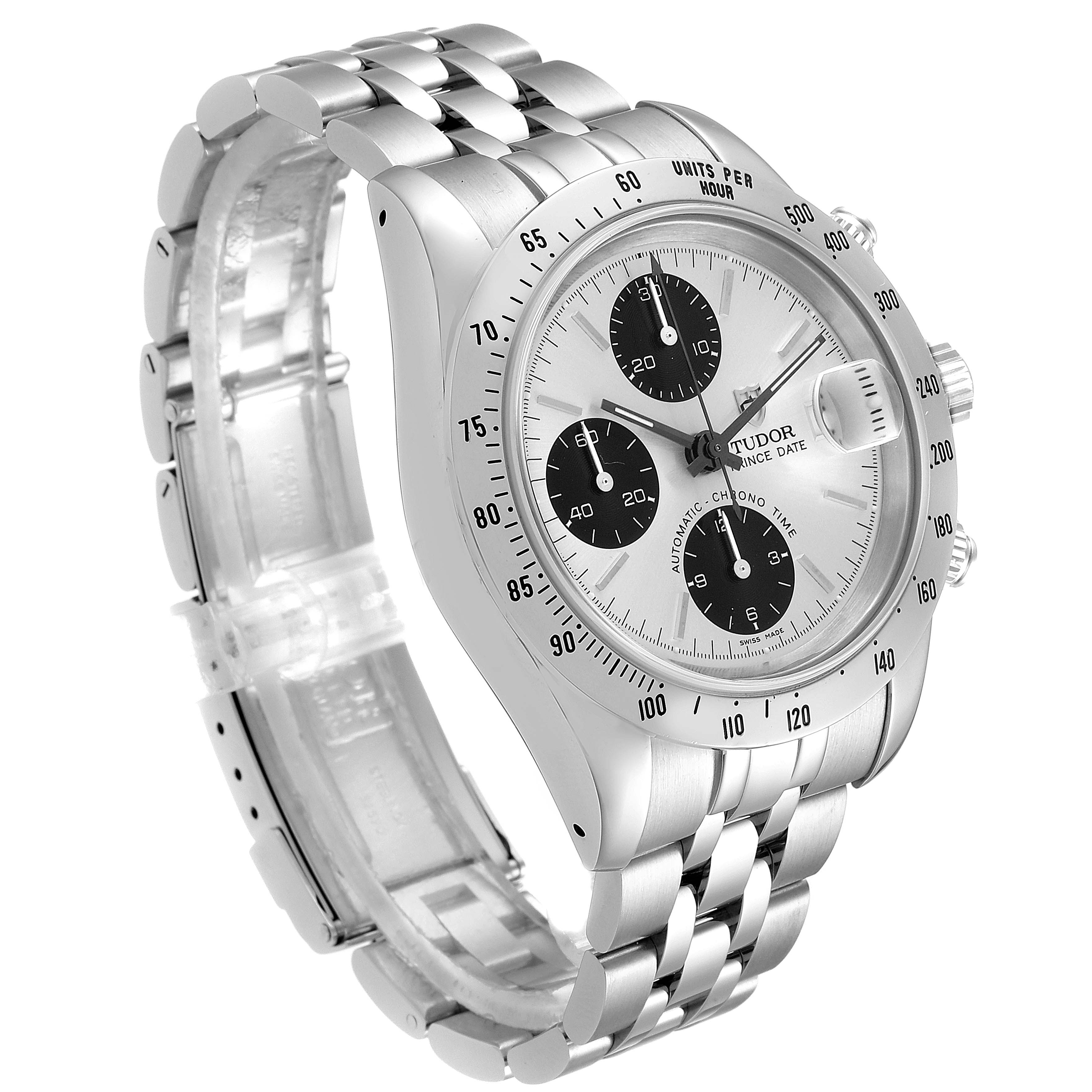 The image shows a Tudor Prince 79280 Men
s Stainless Steel Silver Dial 79280 Men
s Stainless Steel Silver Dial model watch at an angle revealing its face, casing, bezel, and bracelet.