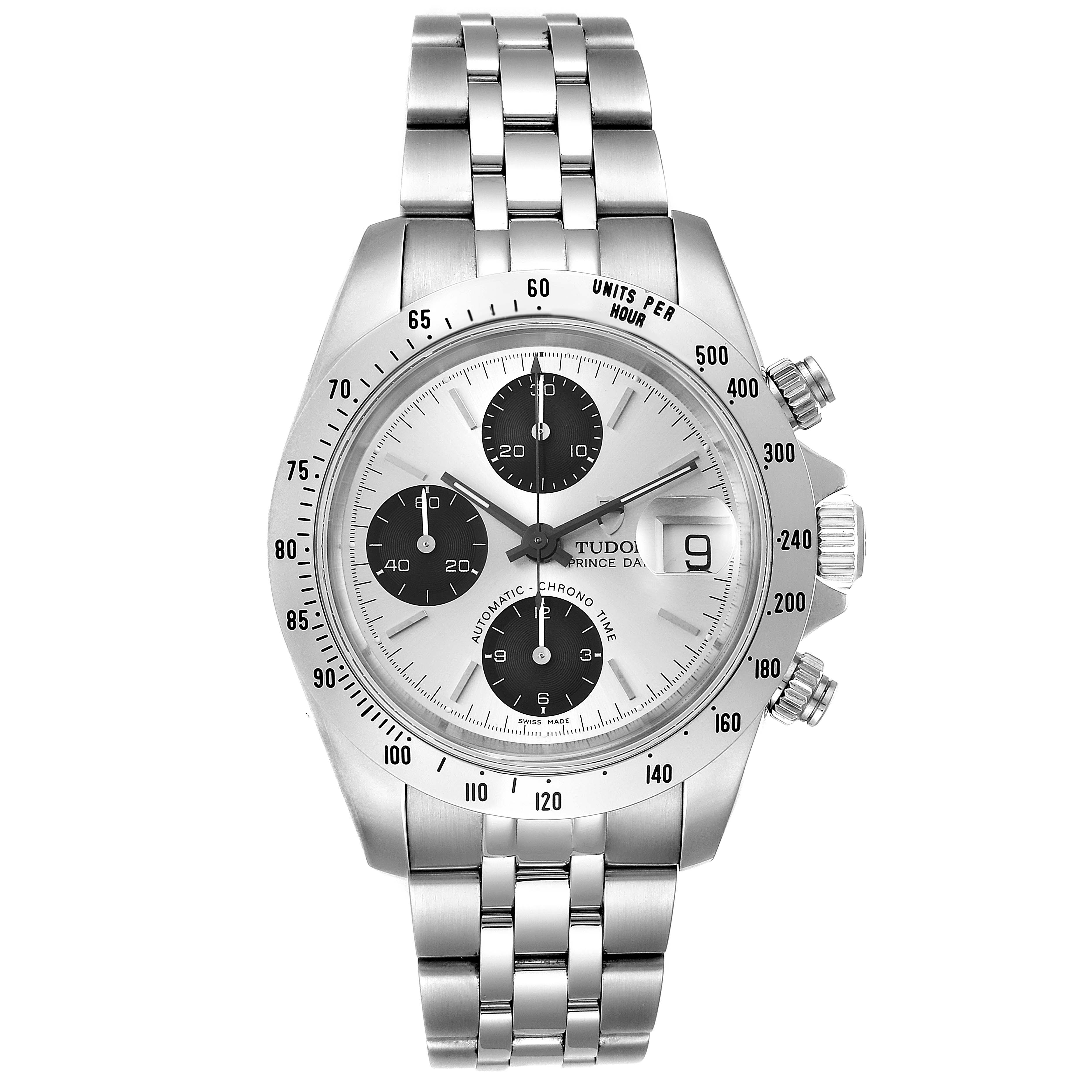 The image shows a front view of a Tudor Prince 79280 Men
s Stainless Steel Silver Dial 79280 Men
s Stainless Steel Silver Dial model watch, highlighting its stainless steel bracelet, dial, and chronograph sub-dials.
