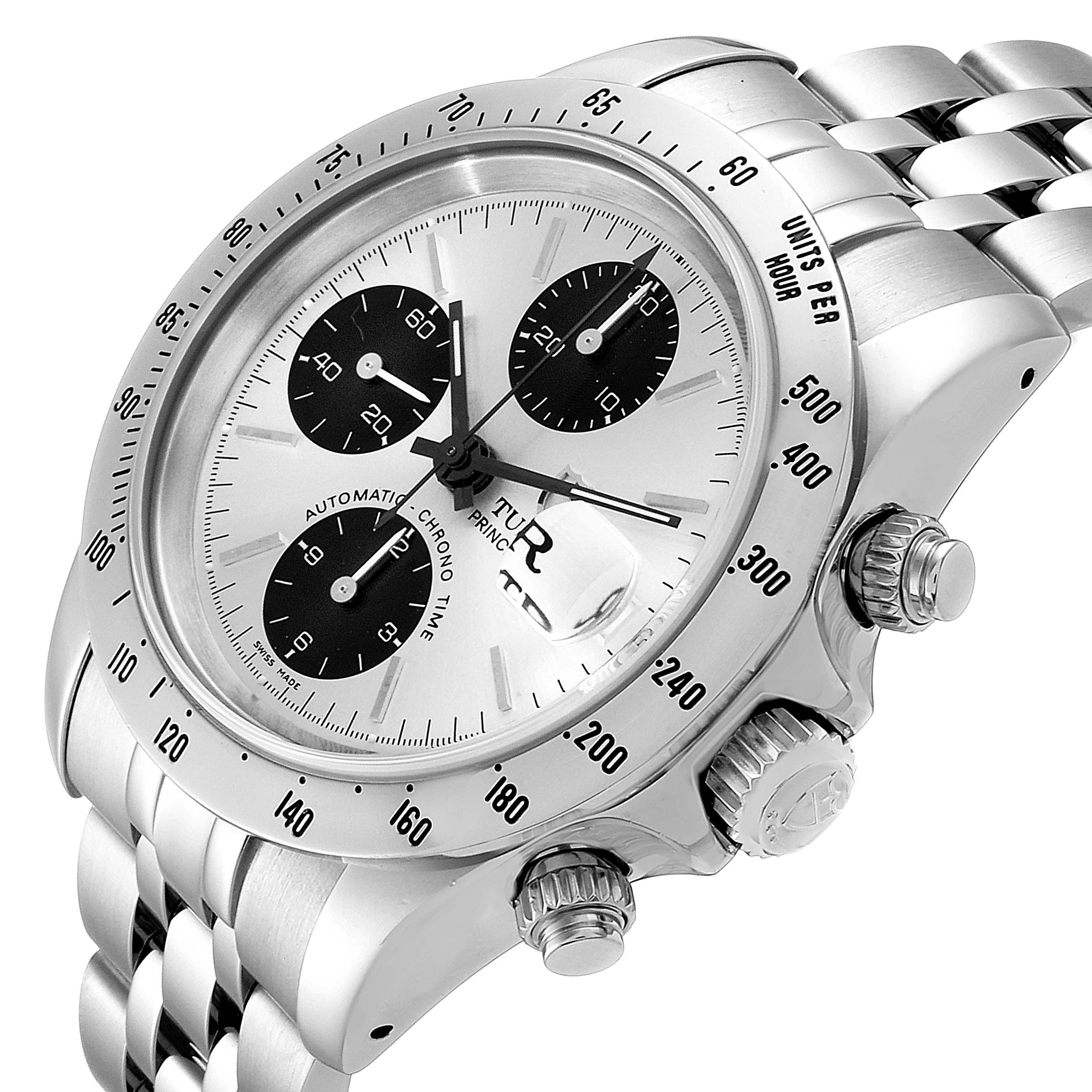 The image shows a close-up, angled view of the Tudor Prince 79280 Men
s Stainless Steel Silver Dial 79280 Men
s Stainless Steel Silver Dial model watch, highlighting the dial, bezel, subdials, and crown.