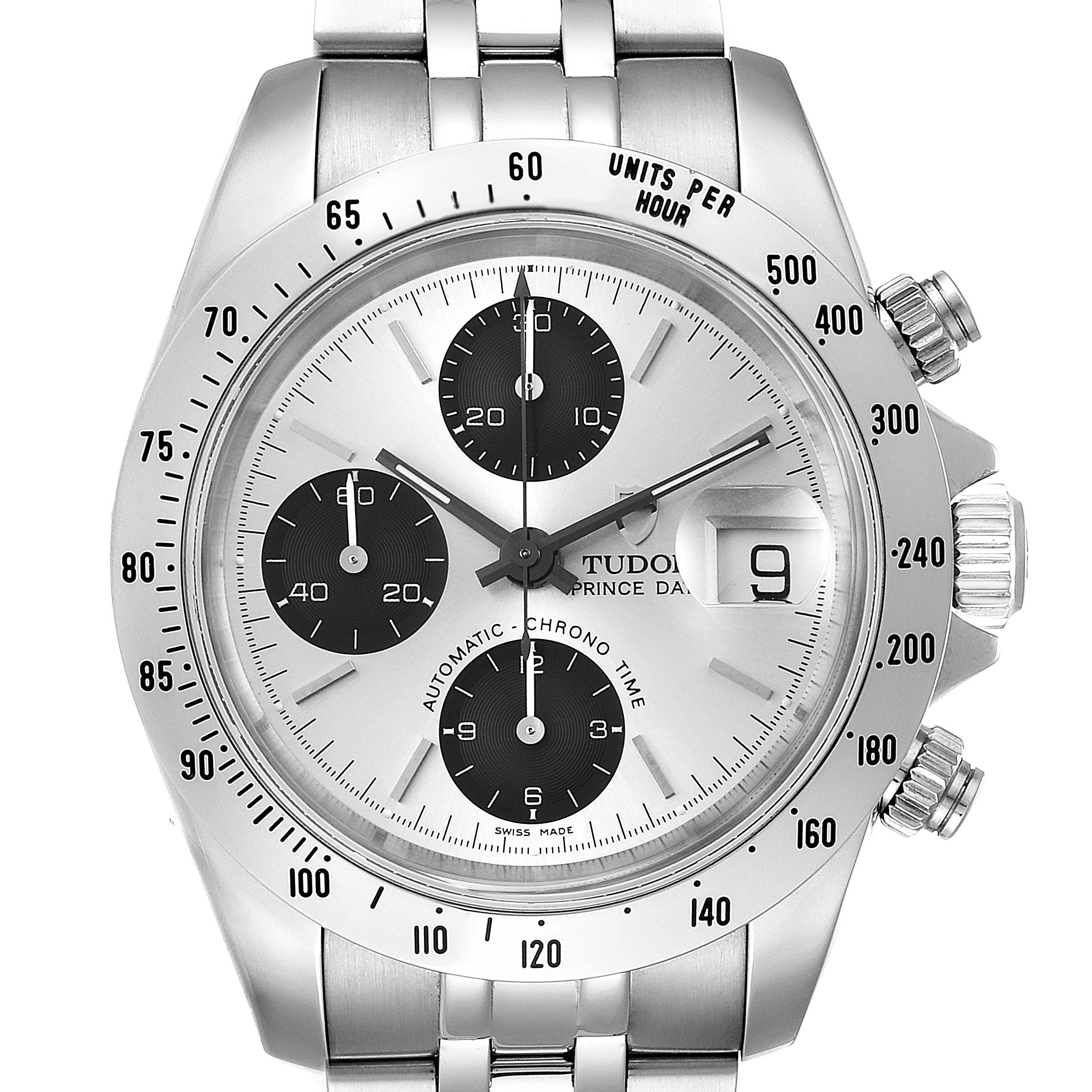 This image shows a close-up, front view of the Tudor Prince 79280 Men
s Stainless Steel Silver Dial 79280 Men
s Stainless Steel Silver Dial model watch, displaying the dial, bezel, and chronograph sub-dials.