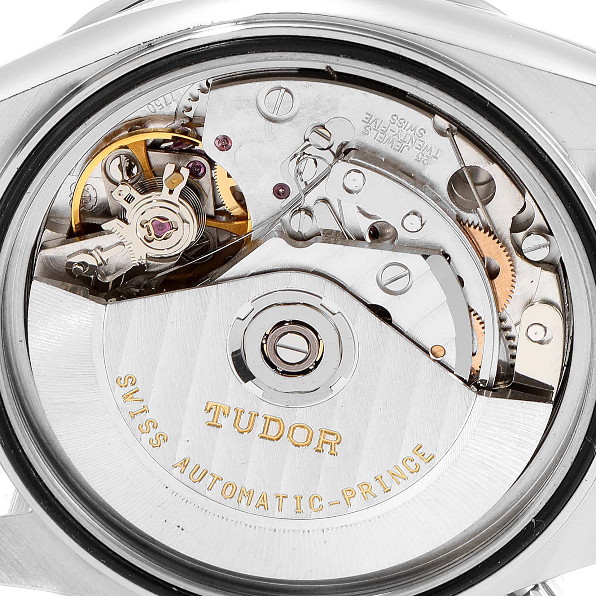 This is a close-up view of the Tudor Prince 79280 Men
s Stainless Steel Silver Dial 79280 Men
s Stainless Steel Silver Dial model watch
s automatic movement mechanism.