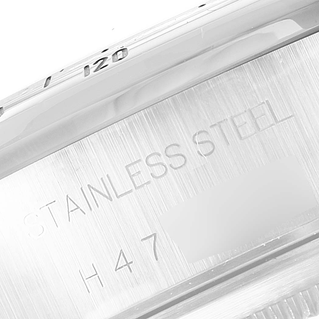 This close-up angle shows the stainless steel casing of a Tudor Prince 79280 Men
s Stainless Steel Silver Dial 79280 Men
s Stainless Steel Silver Dial model watch with part of the serial number visible.