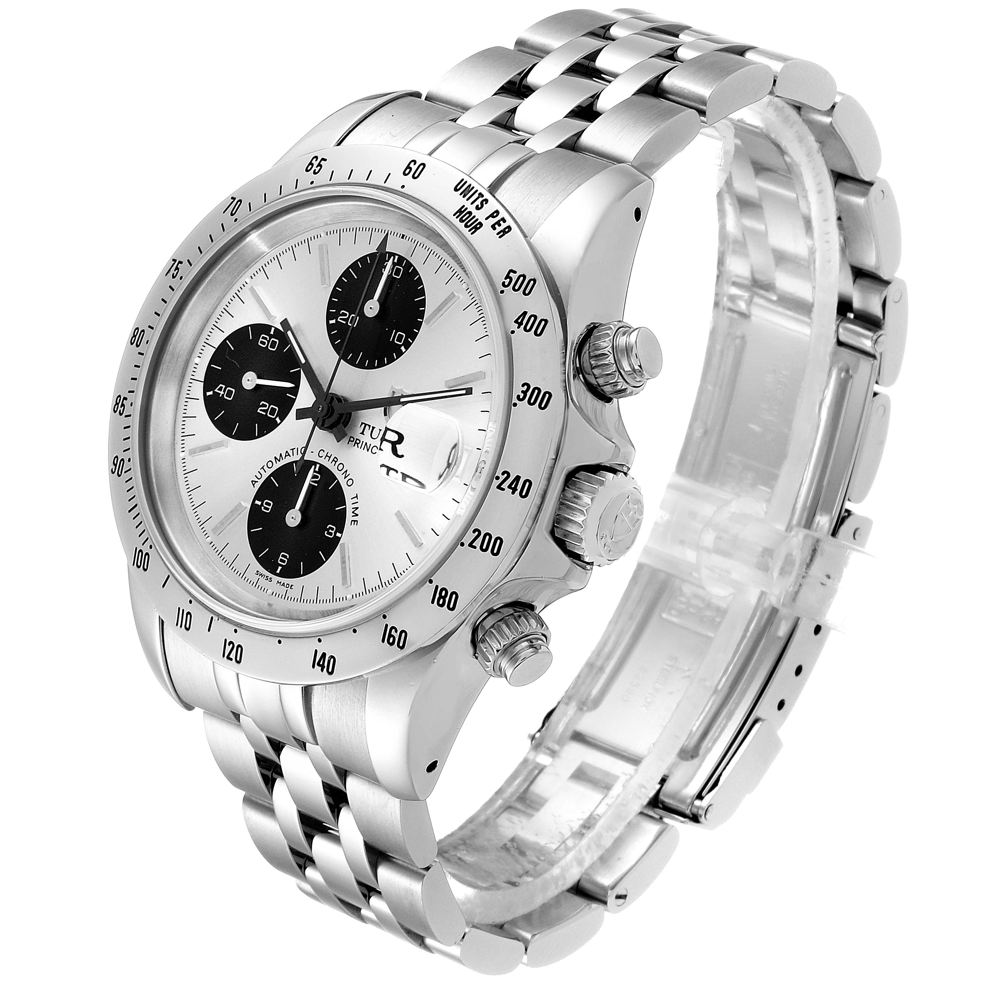 This Tudor Prince 79280 Men
s Stainless Steel Silver Dial 79280 Men
s Stainless Steel Silver Dial watch is shown from an angle highlighting its face, dials, bezel, and bracelet.