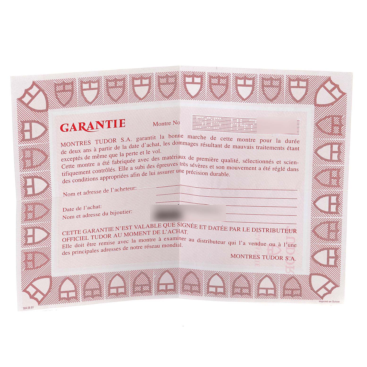 This image shows a warranty card for the Tudor Prince 79280 Men
s Stainless Steel Silver Dial 79280 Men
s Stainless Steel Silver Dial model watch, with text and decorative elements.