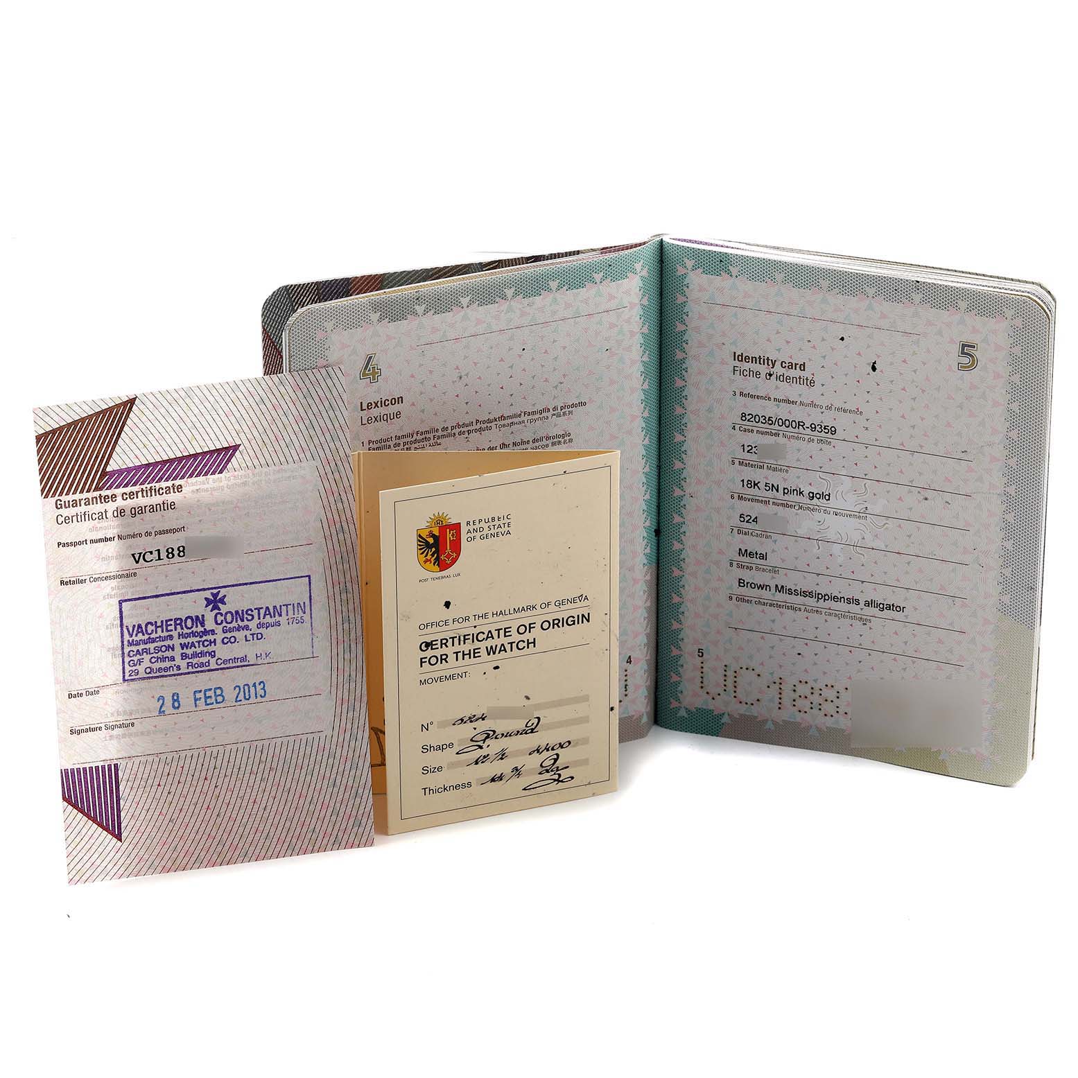 The image shows documents and certificates for a Vacheron Constantin Historiques 82035/000R-9359 Men's Rose Gold Silver Dial watch, including warranty and origin papers.