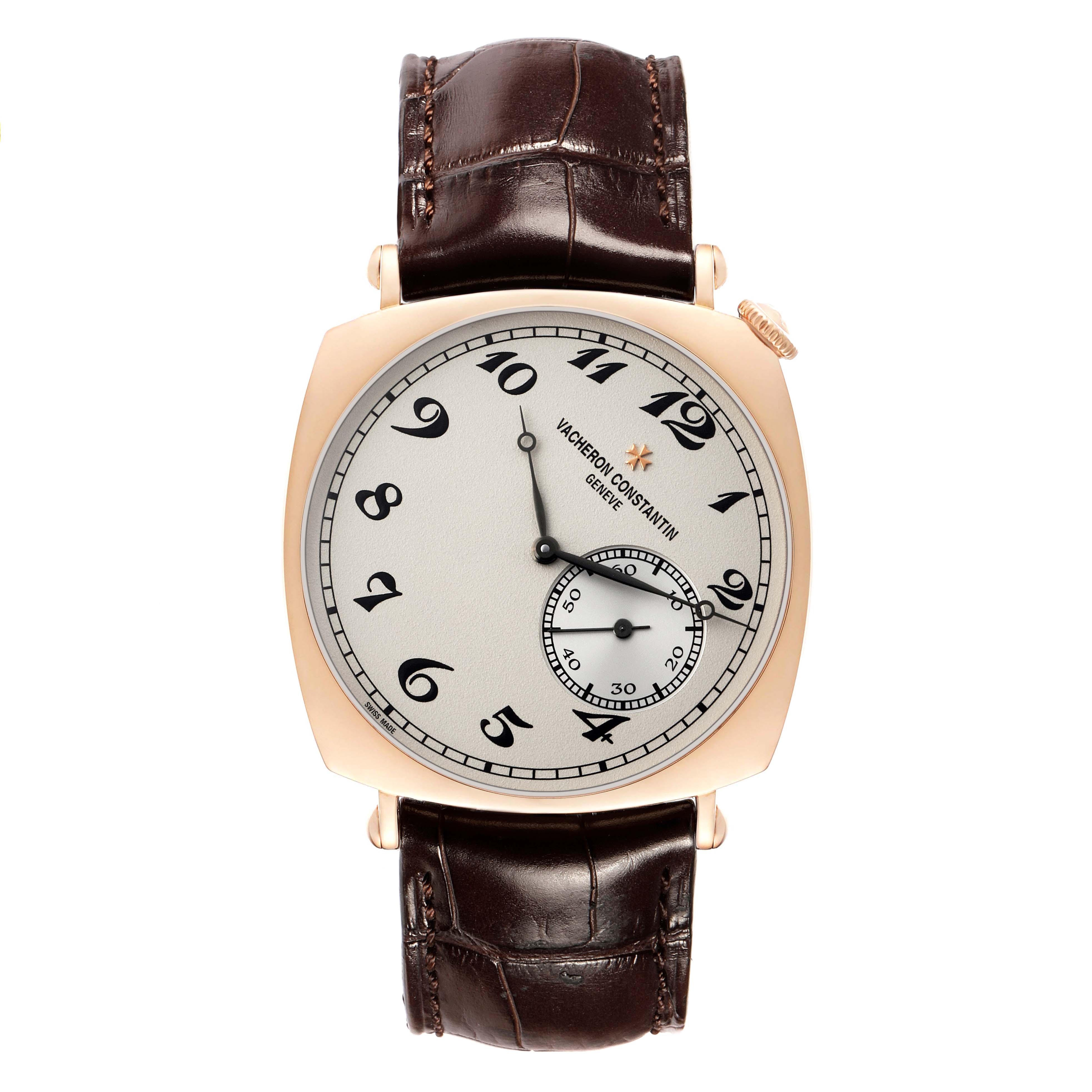 The Vacheron Constantin Historiques 82035/000R-9359 Men's Rose Gold Silver Dial watch is shown from a front angle, highlighting its dial, hands, and leather strap.