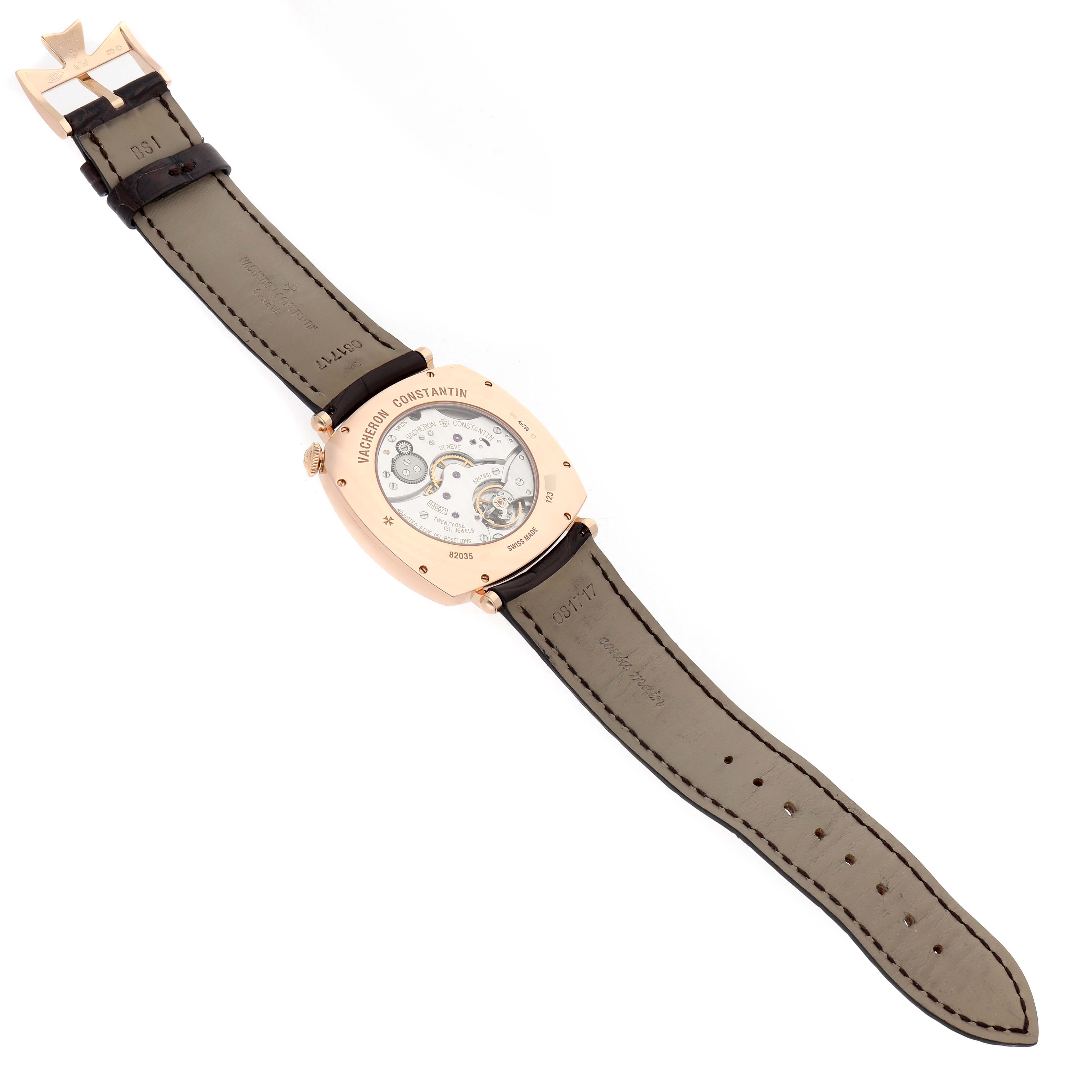 The Vacheron Constantin Historiques 82035/000R-9359 Men's Rose Gold Silver Dial watch is shown from the back, highlighting its movement and leather strap.